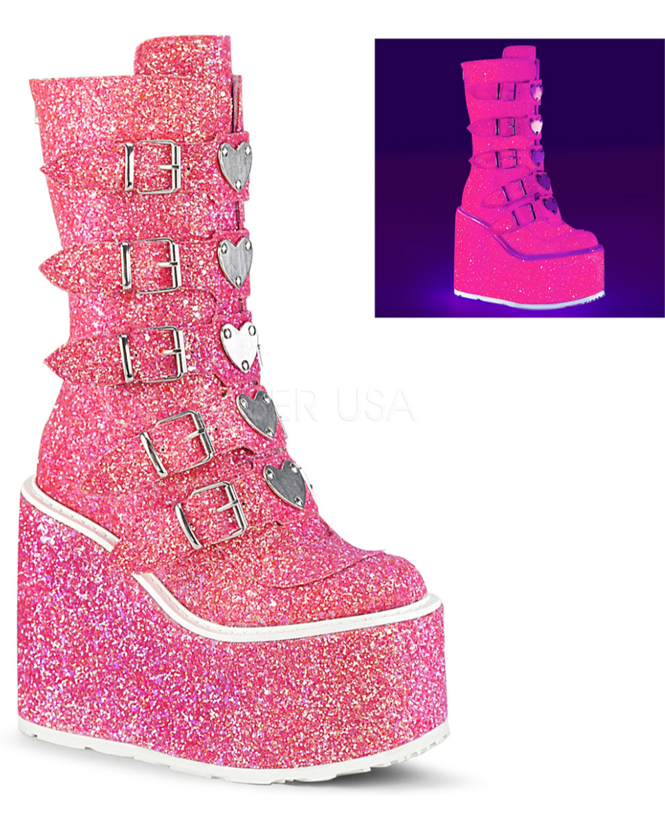 Demonia Pink Glitter Platform Mid-Calf Boots - Rave Wonderland