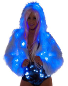 White Furry Blue LED Cropped Hooded Rave Jacket -  rave wear, rave outfits, edc, booty shorts