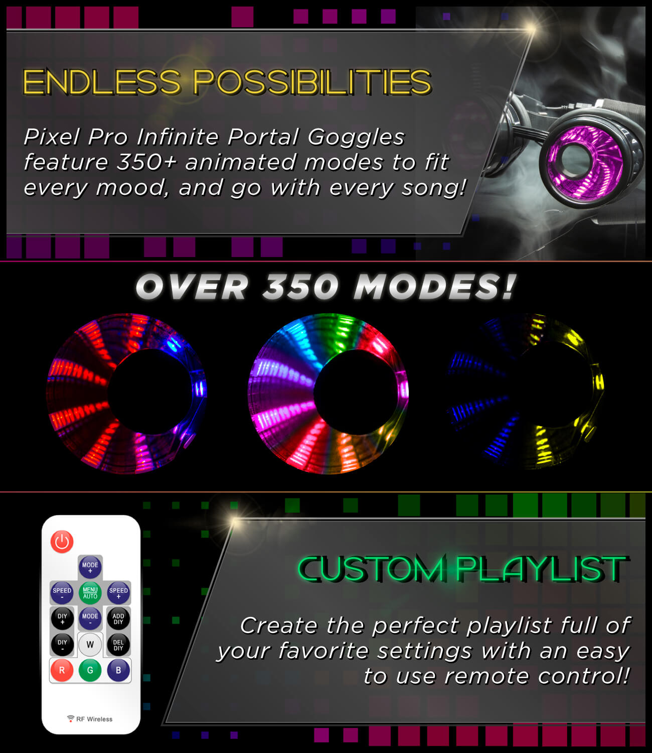 GloFX Pixel Pro Infinite Portal Goggles - Rave Wonderland