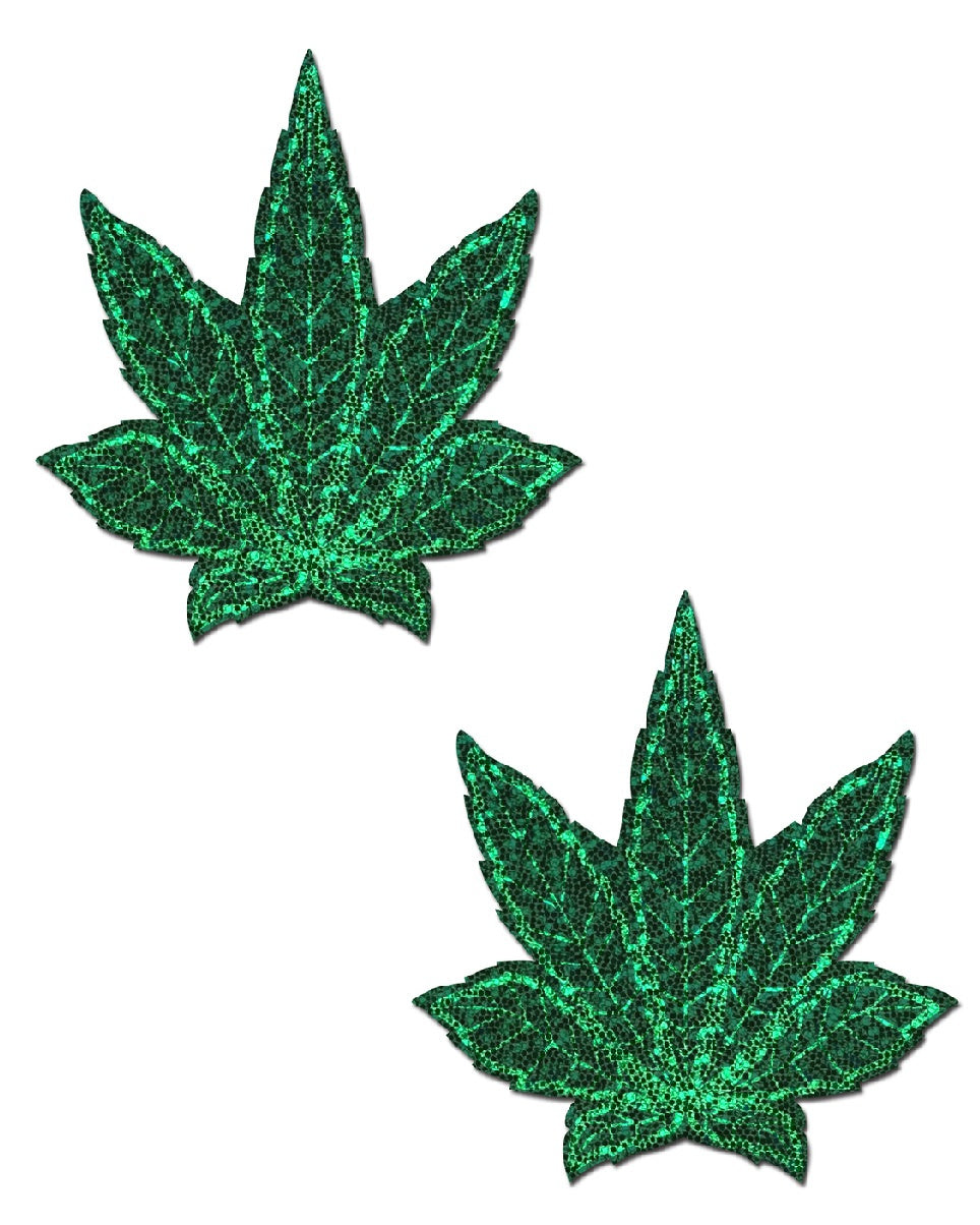 Indica Pot Leaf: Glitter Green Weed Nipple Pasties - Rave Wonderland