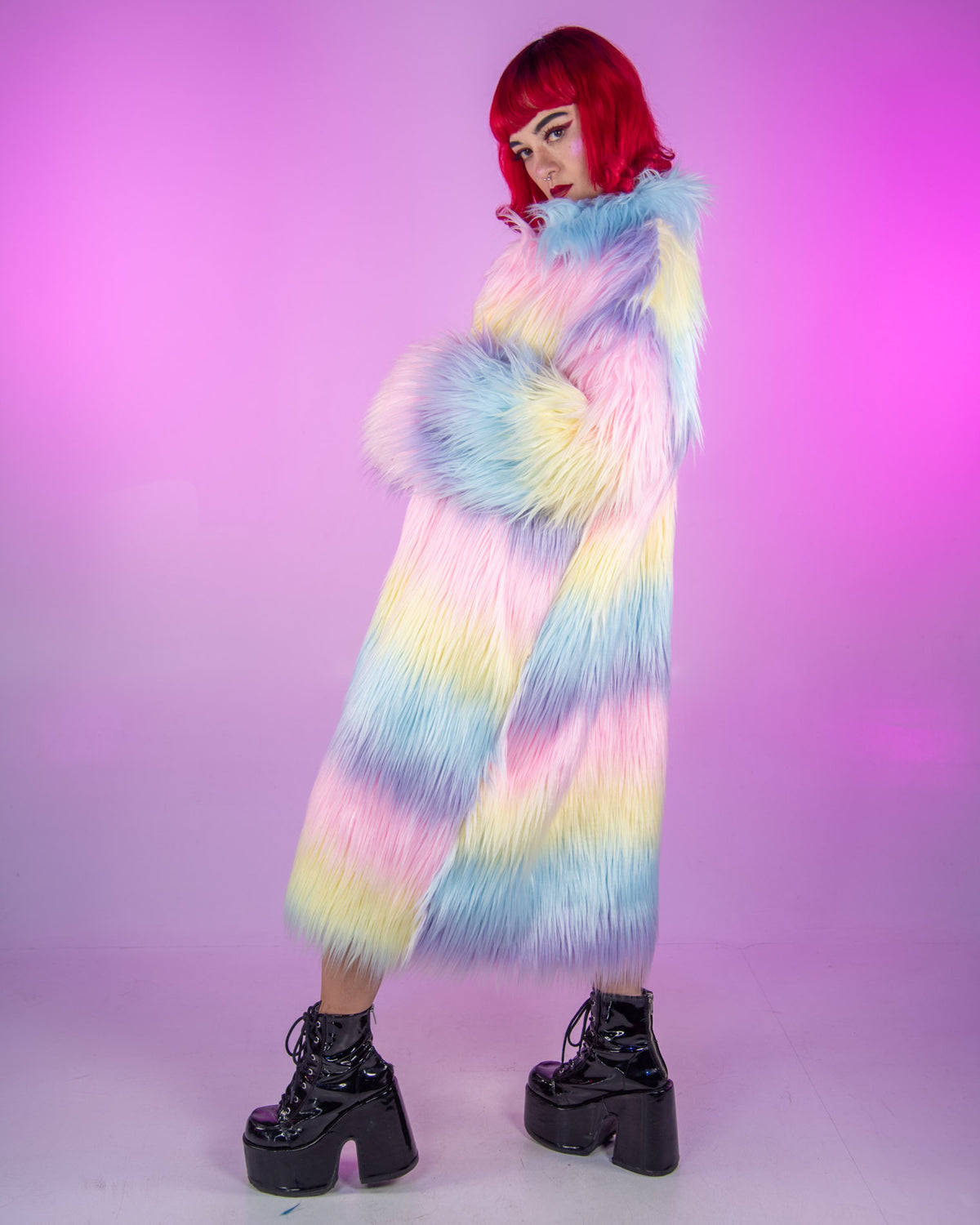 Pastel Rainbow Stripe Unisex Faux Fur Coat
