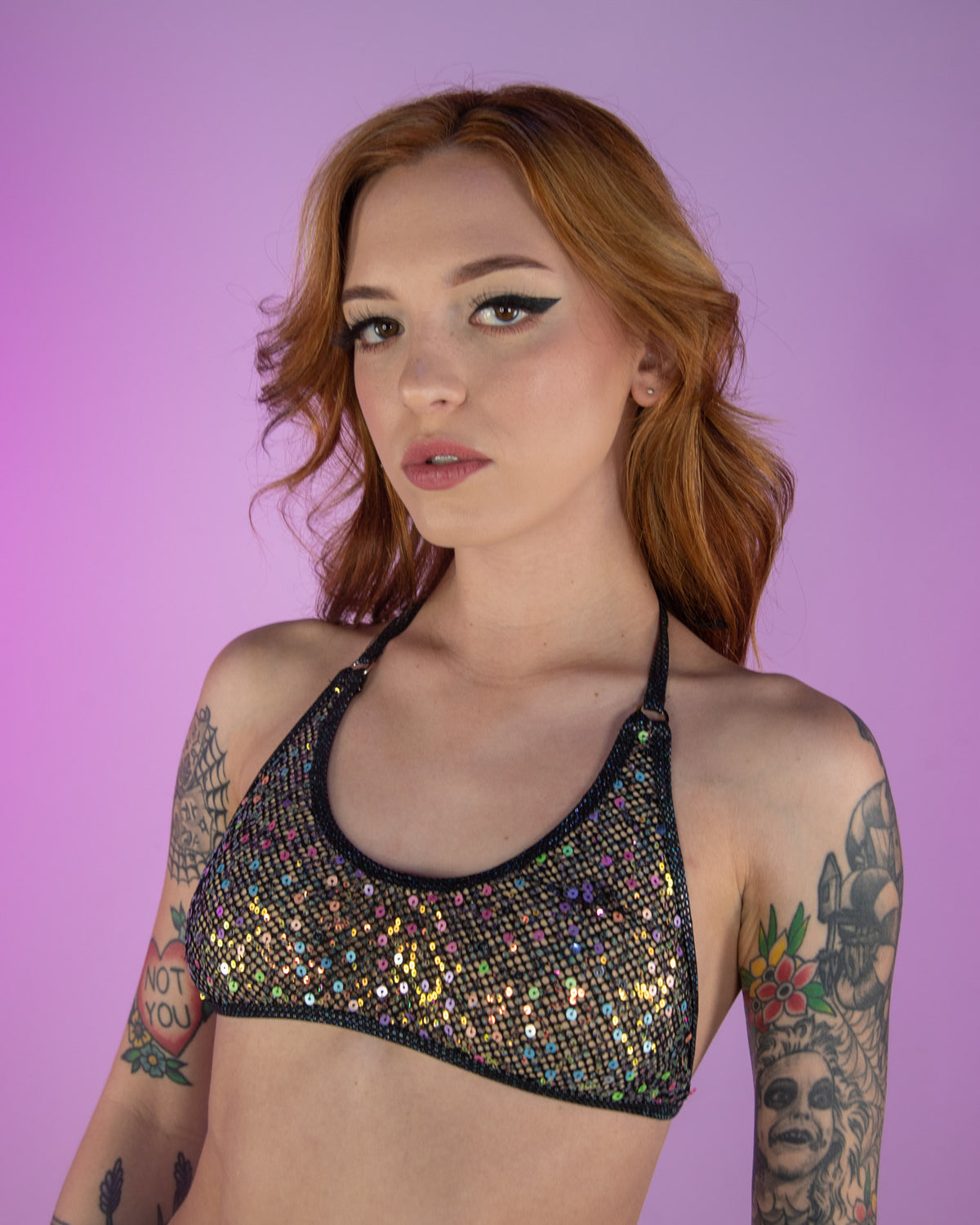 Diamond Rodeo Sequin Fishnet Cropped Tie Top
