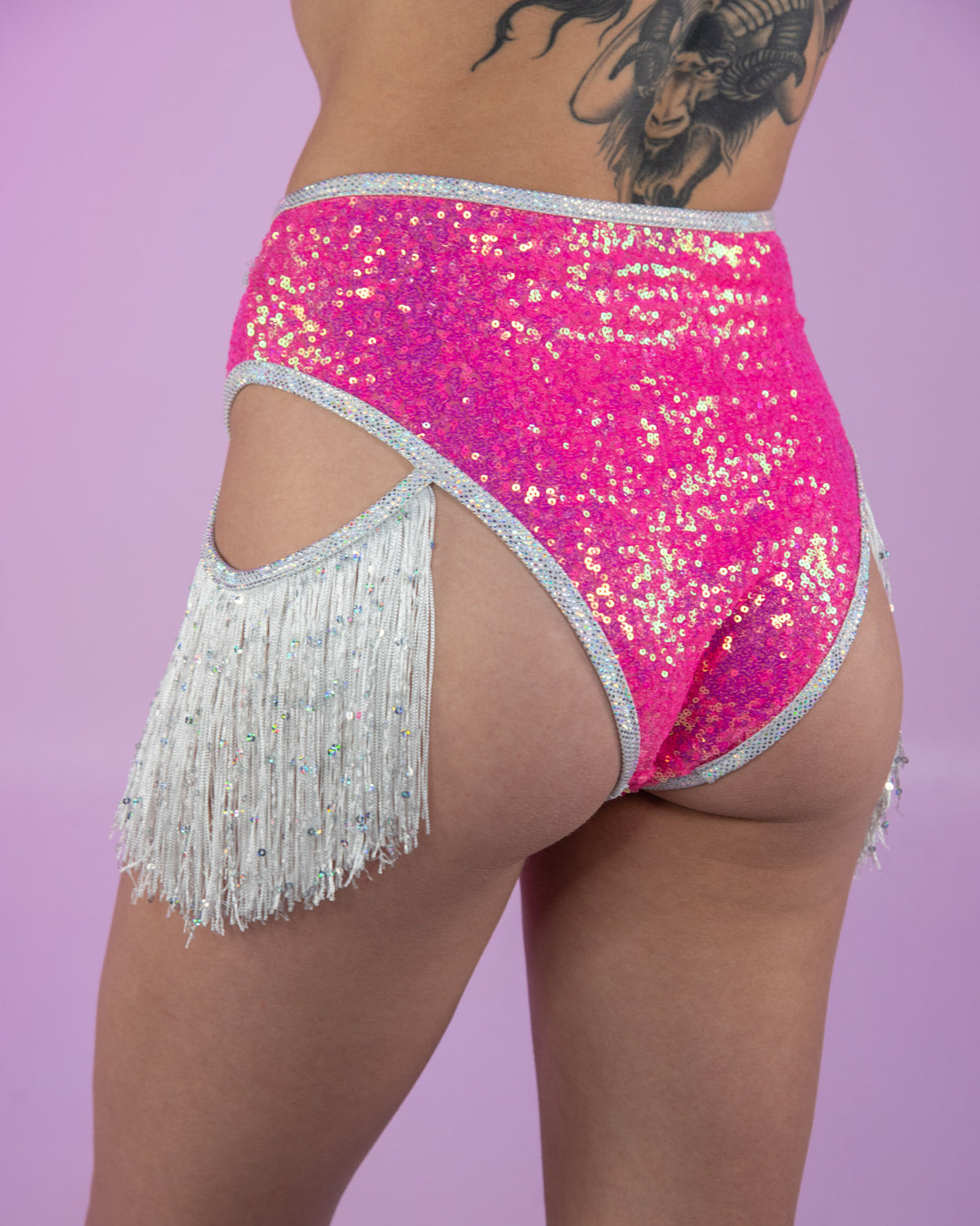 Pink Doll Sequin High-Waisted Shorts w/ Fringe