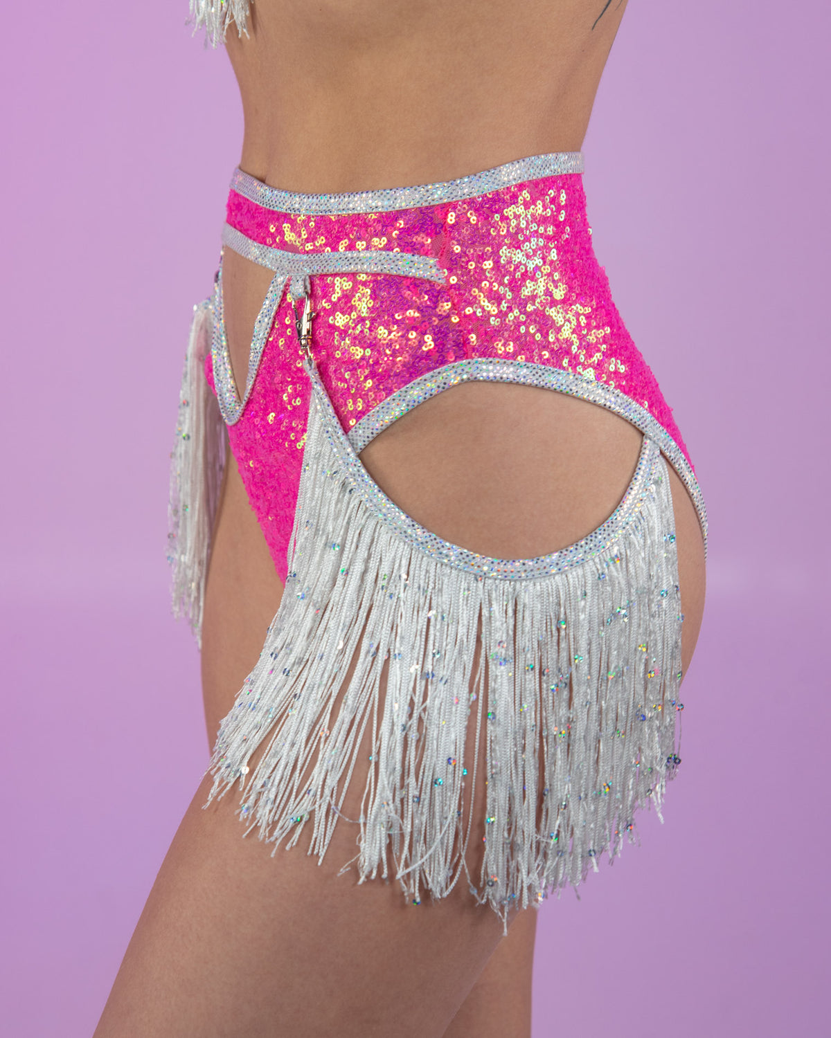 Pink Doll Sequin High-Waisted Shorts w/ Fringe
