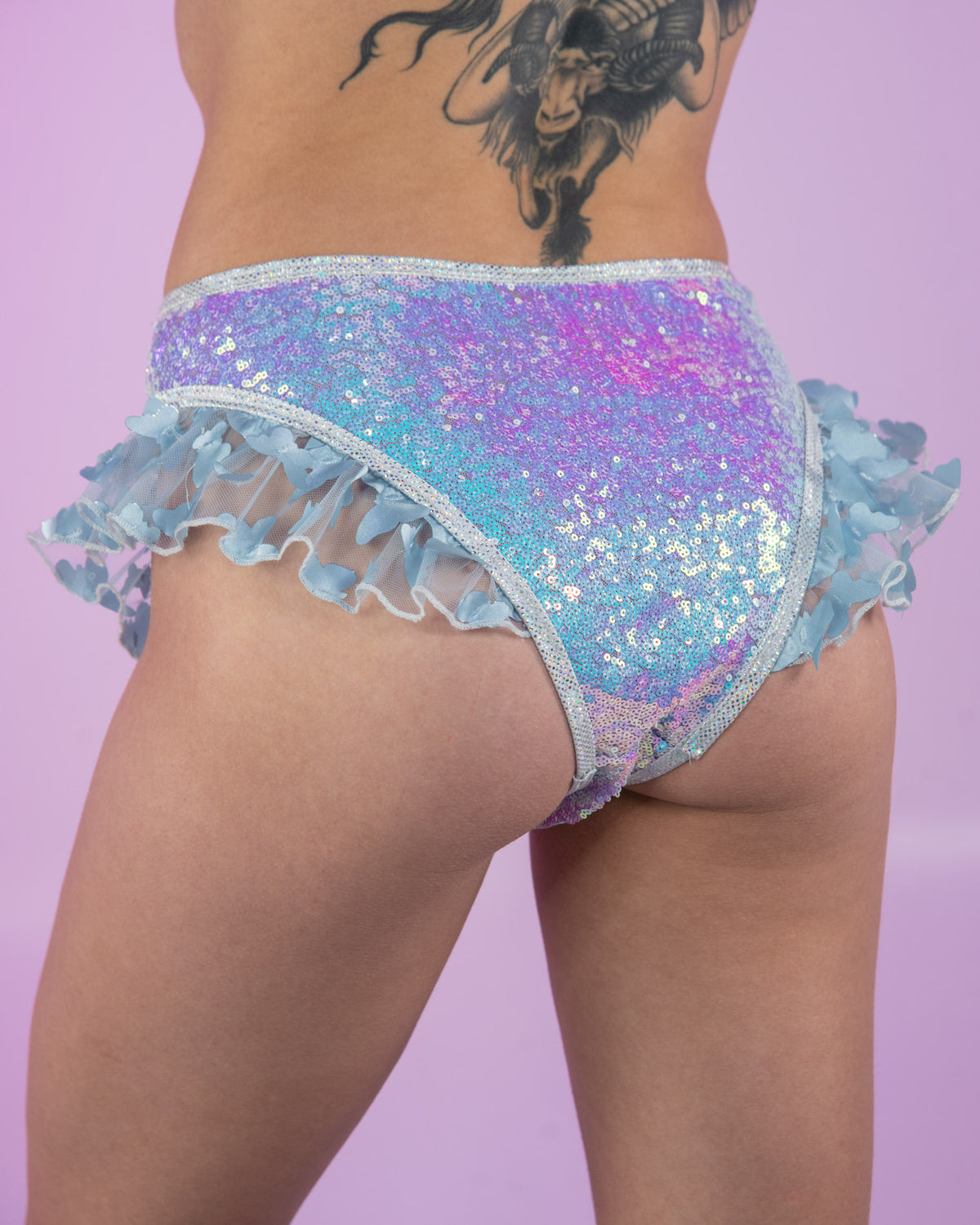 Butterfly Oasis High-Waisted Sequin Shorts w/ Ruffle Trim