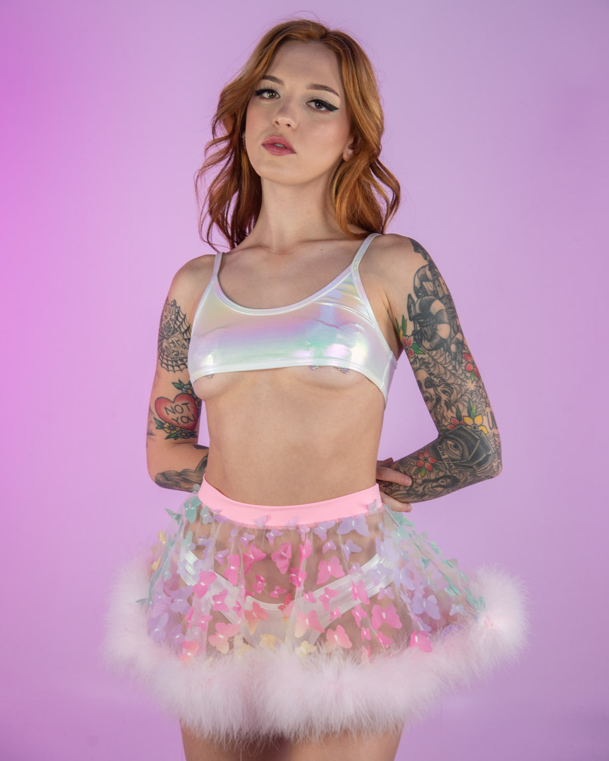 Butterfly Oasis Multi Pink Sheer Skirt with Marabou Trim
