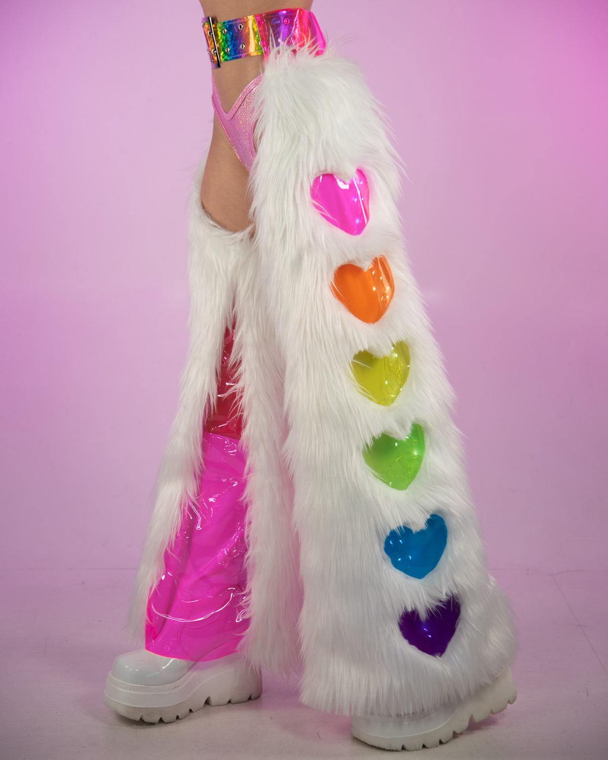 White Pastel Faux Fur Rainbow Heart Light Up Chaps – Rave Wonderland