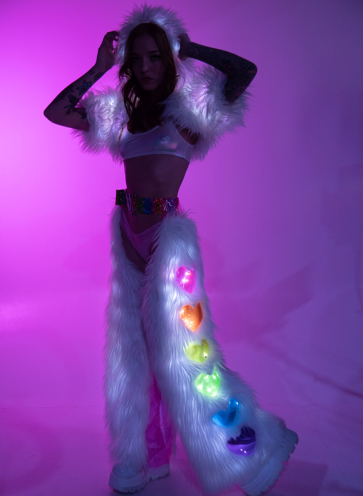 White Pastel Faux Fur Rainbow Heart Light Up Chaps – Rave Wonderland