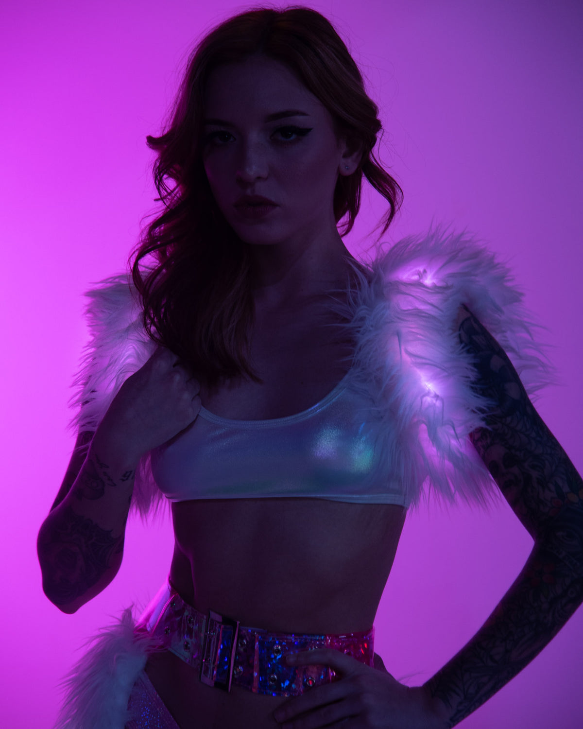 White Light-Up LED Faux Fur (Lights Up Pink) Shoulder Poofs
