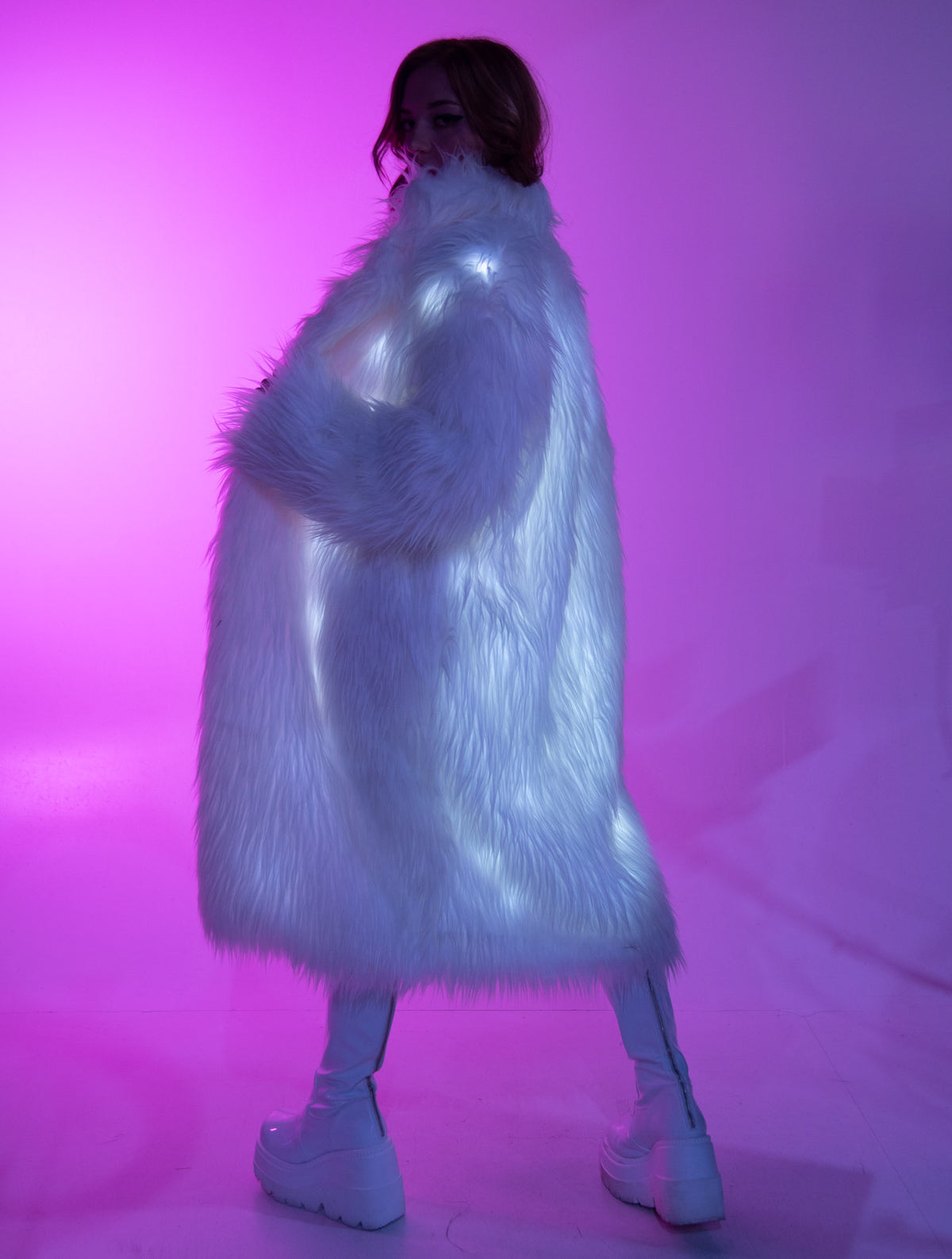 Light Up White Faux Fur Mid Length Coat