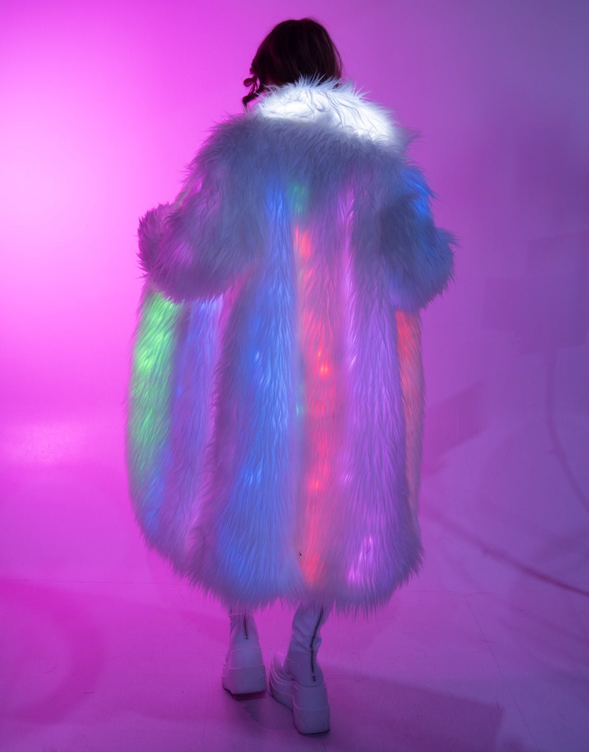 Rainbow Light Up White Faux Fur Mid-Length Coat