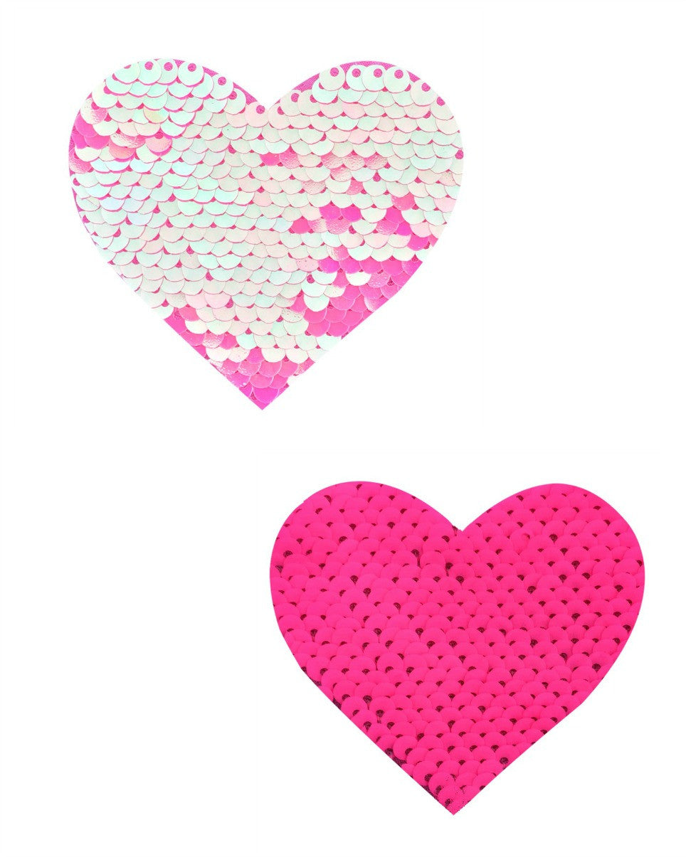 Aurora Light Pink & Pink Reversible Sequin Heart Pasties -  rave wear, rave outfits, edc, booty shorts