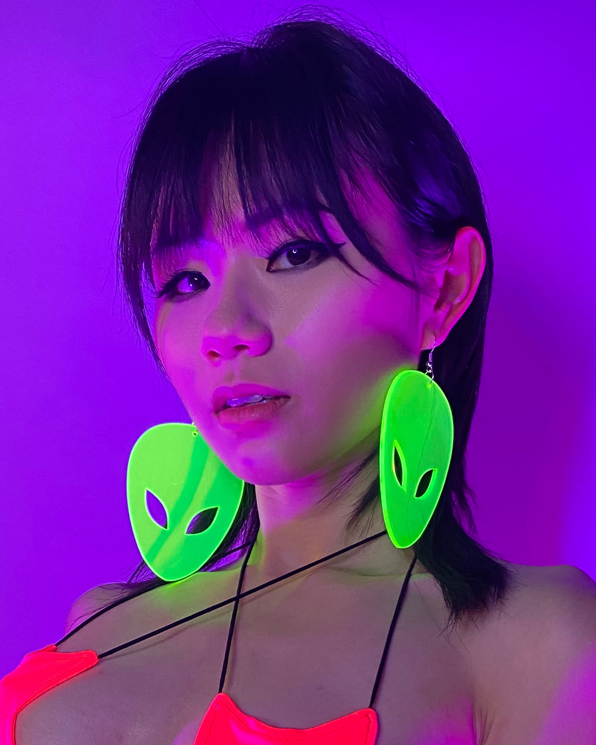 Not Alone Alien Head Neon Blacklight PVC Earrings - Rave Wonderland