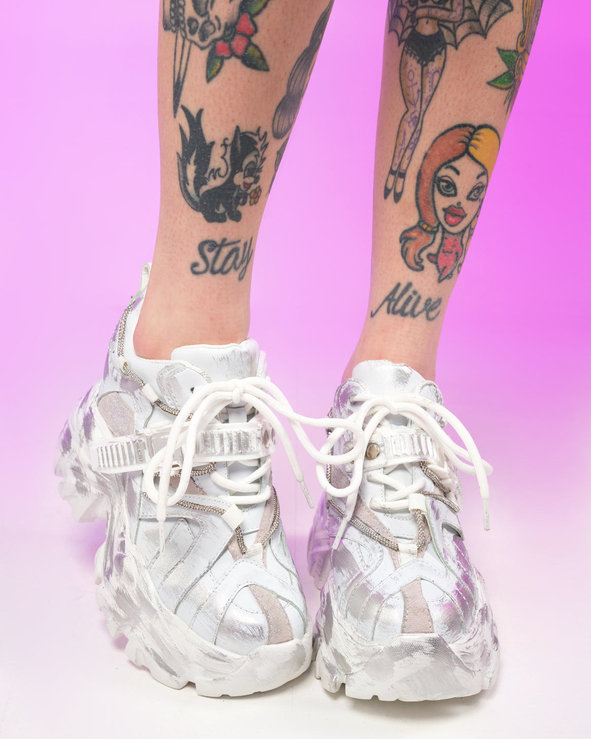 White Cyber Grunge Wedge Sneakers