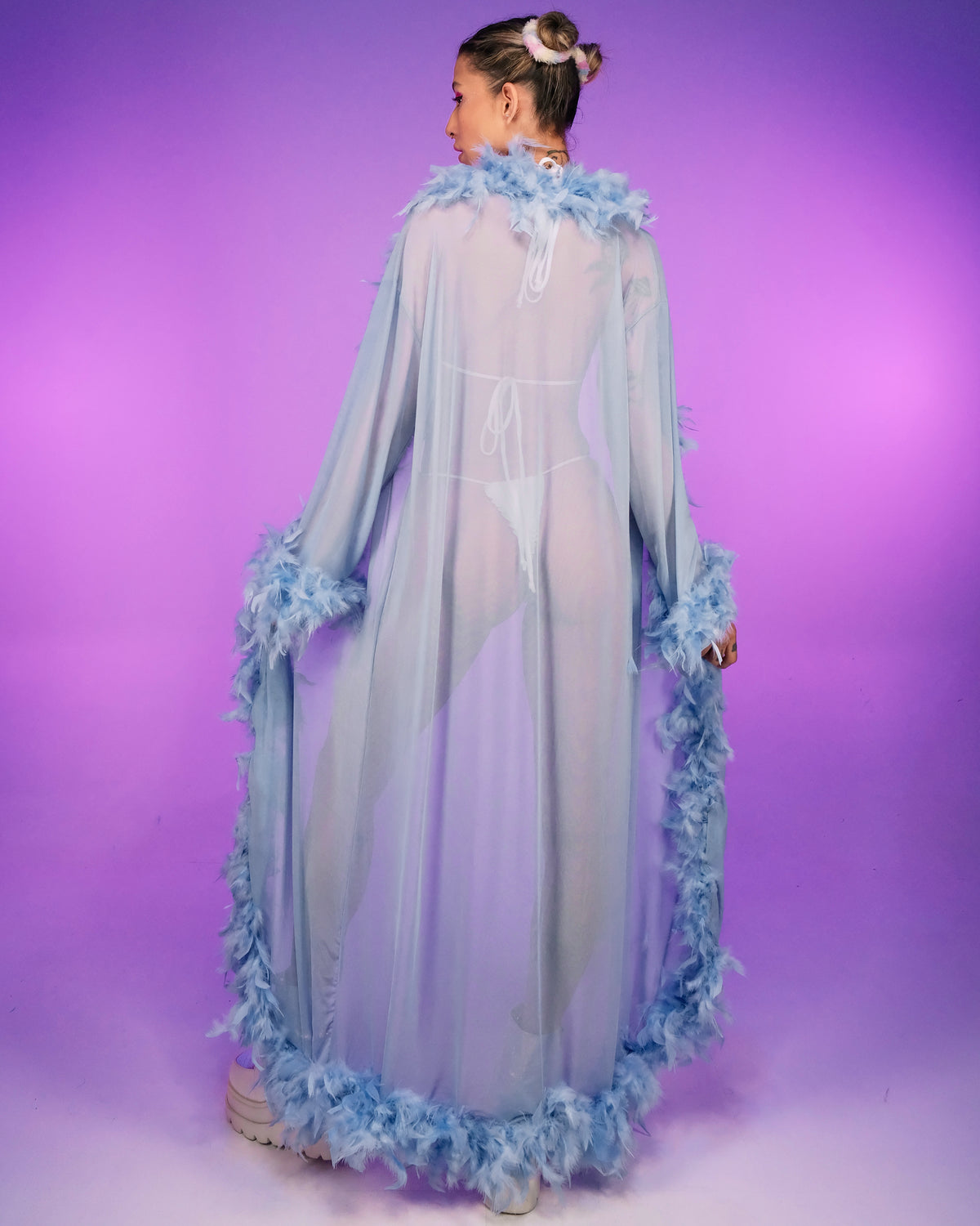 Lux Doll Sheer Long Robe With Boa Feather Trim - Rave Wonderland