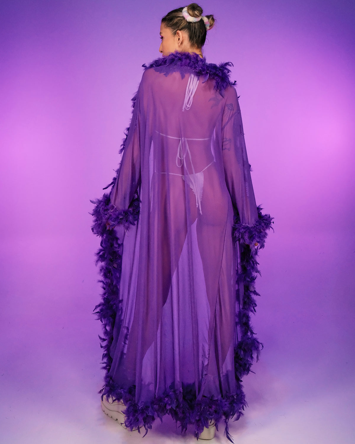 Lux Doll Sheer Long Robe With Boa Feather Trim - Rave Wonderland