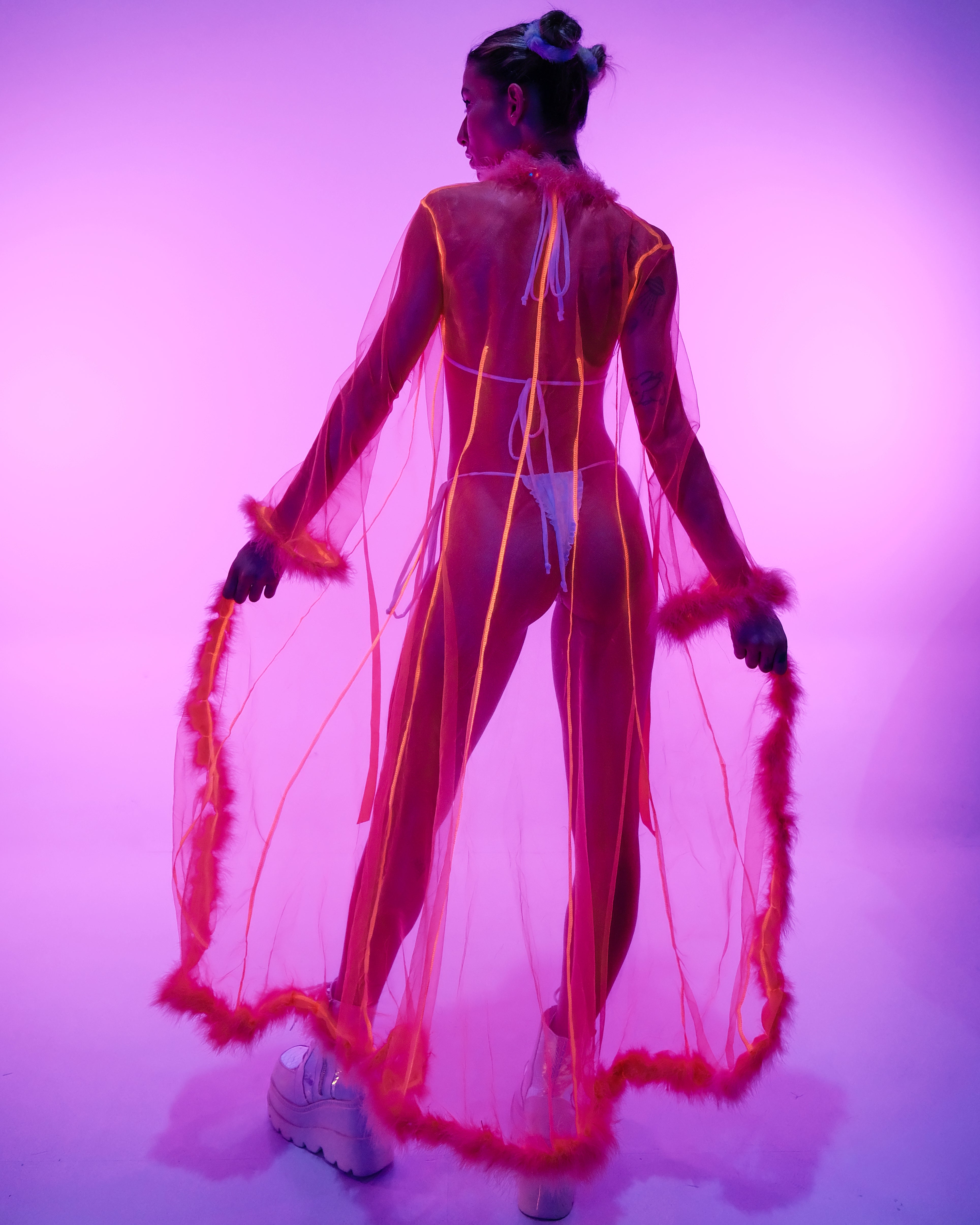 So Xxtra Feather Trim Sheer Long Robe - Rave Wonderland