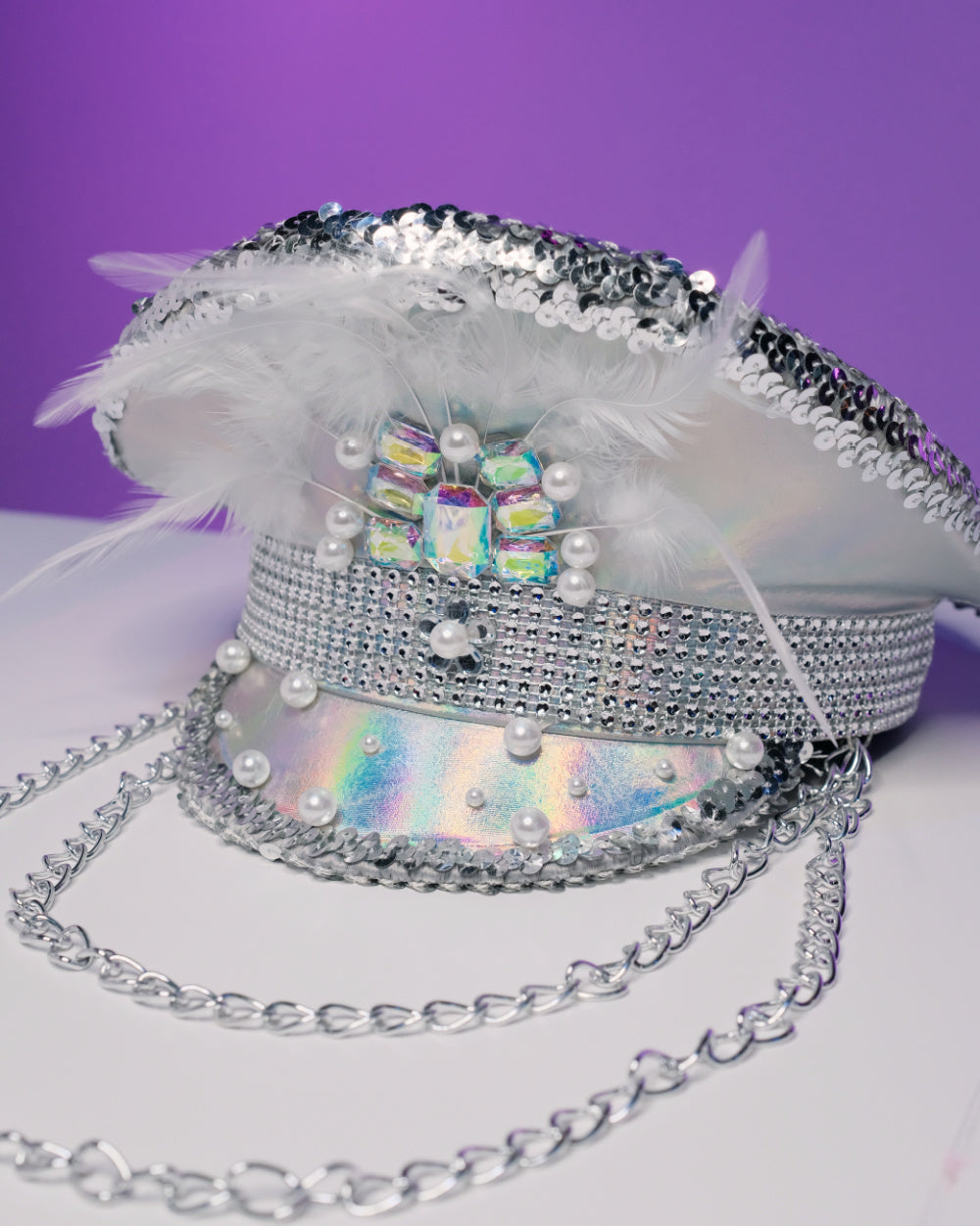 Pearl & Chain Silver Captain Hat