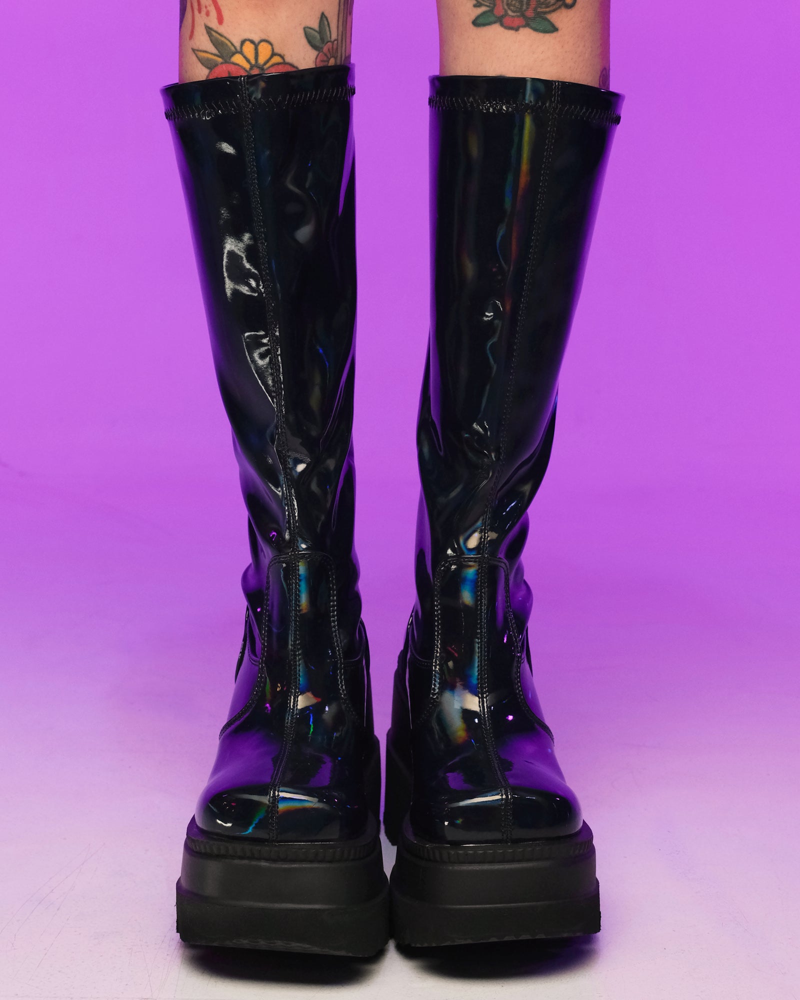 Demonia Shaker Black Holo Knee High Boots - Rave Wonderland