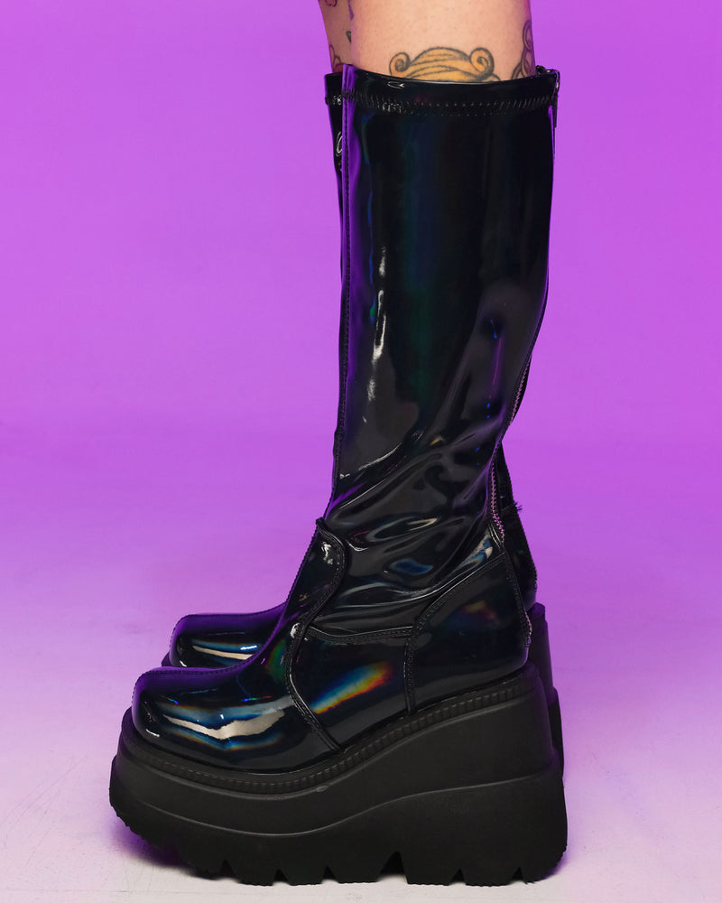 Demonia Shaker Black Holo Knee High Boots - Rave Wonderland