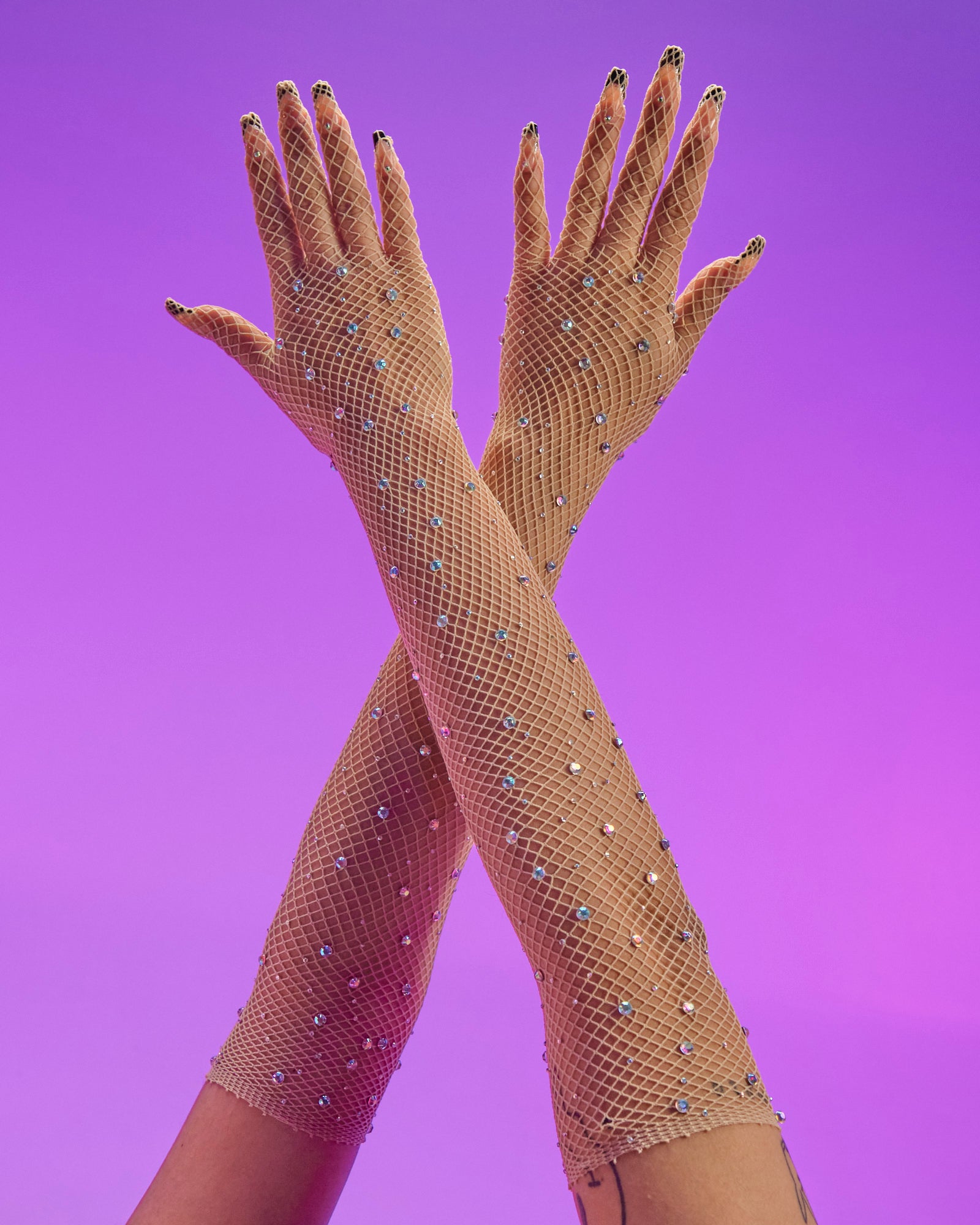 Nude Rhinestone Fishnet Long Gloves - Rave Wonderland
