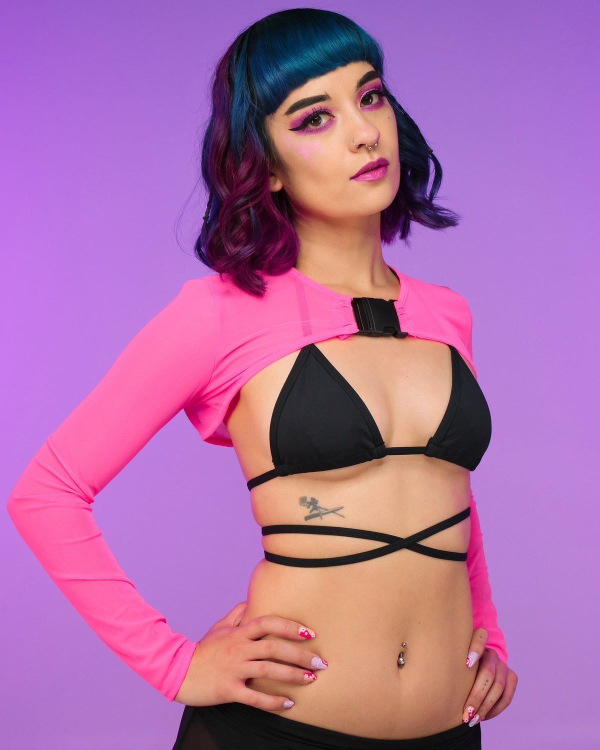 Neon Pink Black Mesh Shrug With Buckle