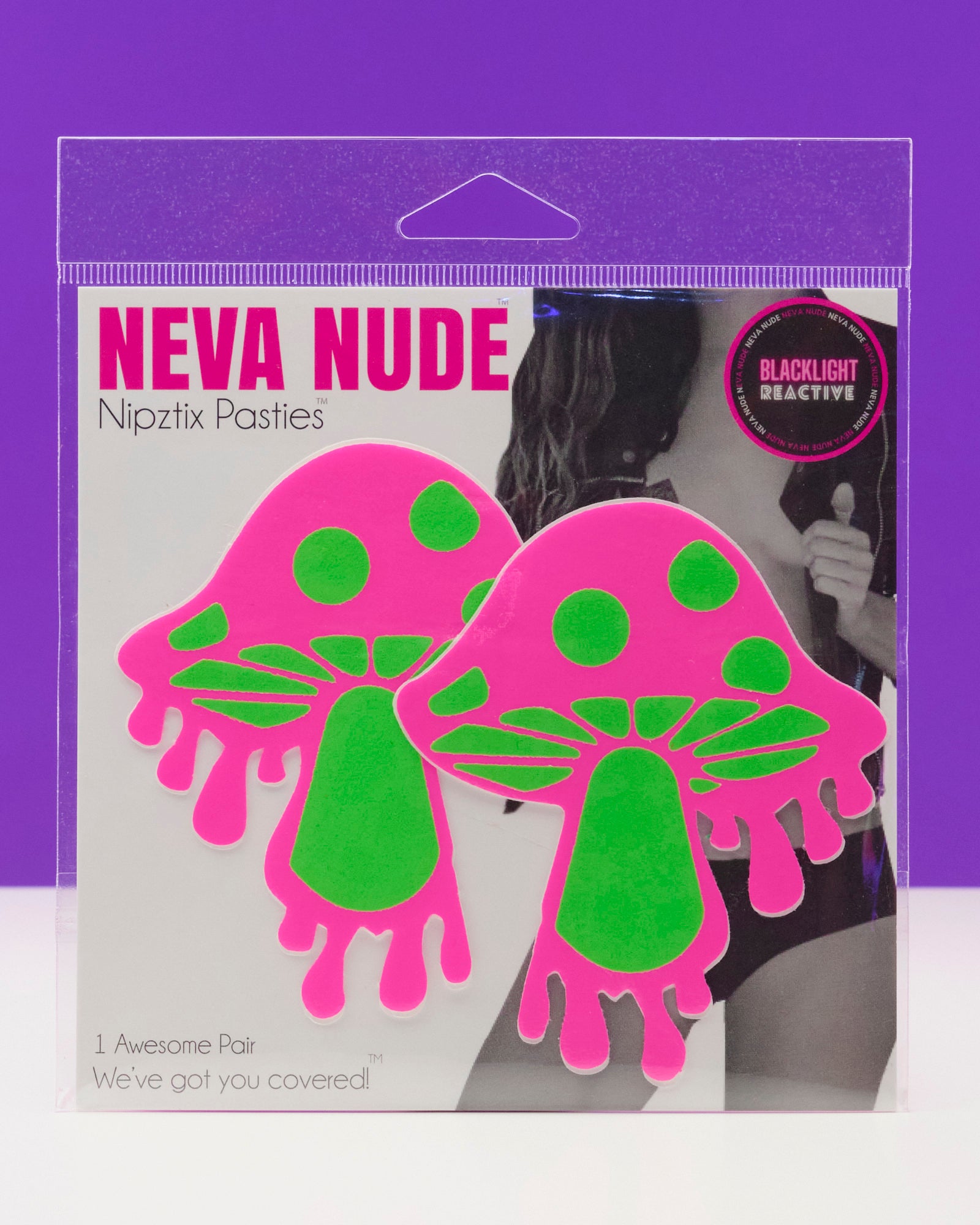 Neva Nude melty shroom UV blacklight pasties, two pink mushroom cutouts with green spots