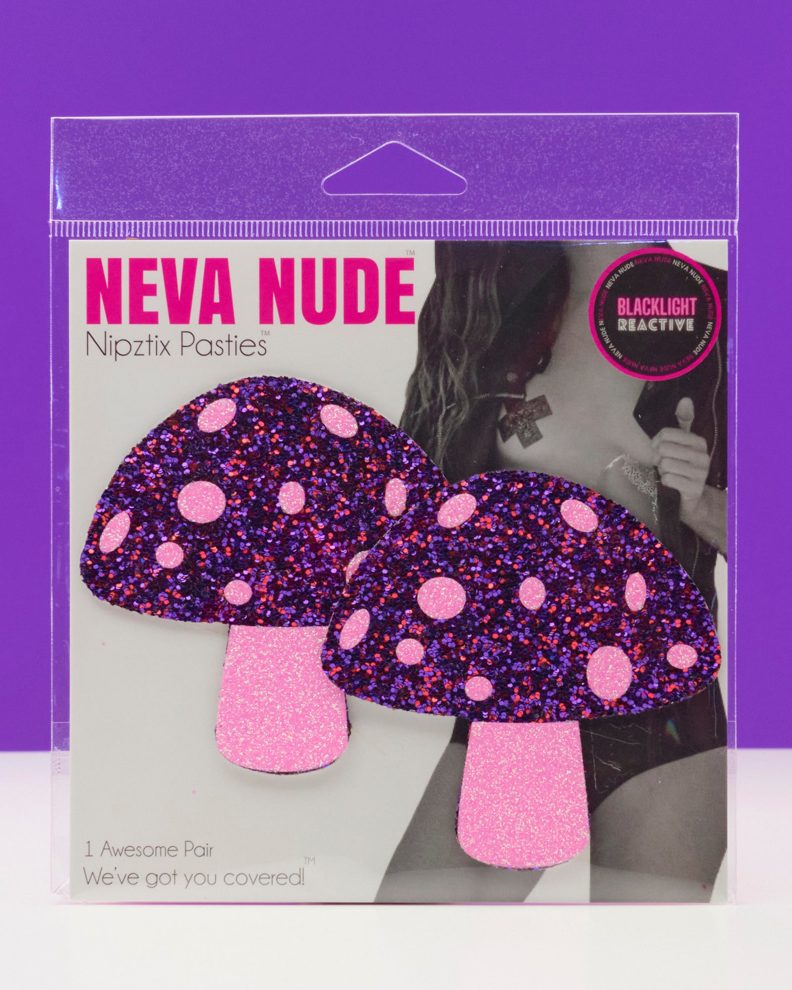 Alice Down The Rabbit Hole Pink Glitter UV Blacklight Shroom Nipztix Pasties - Rave Wonderland