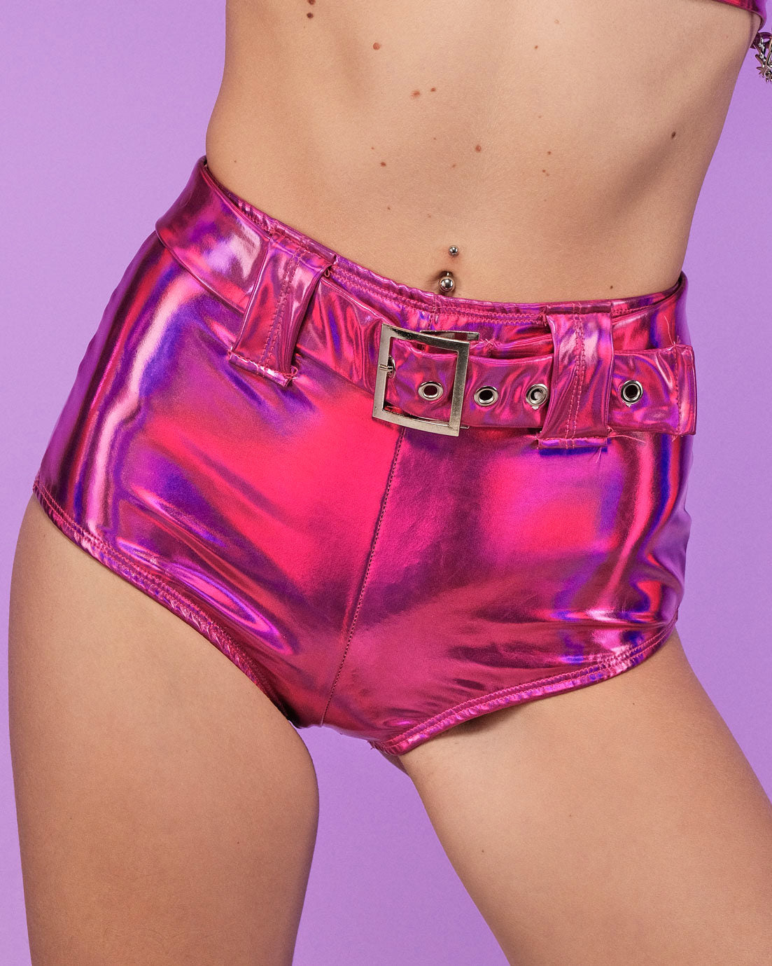 Hot Pink Holo Foil Belted Shorts