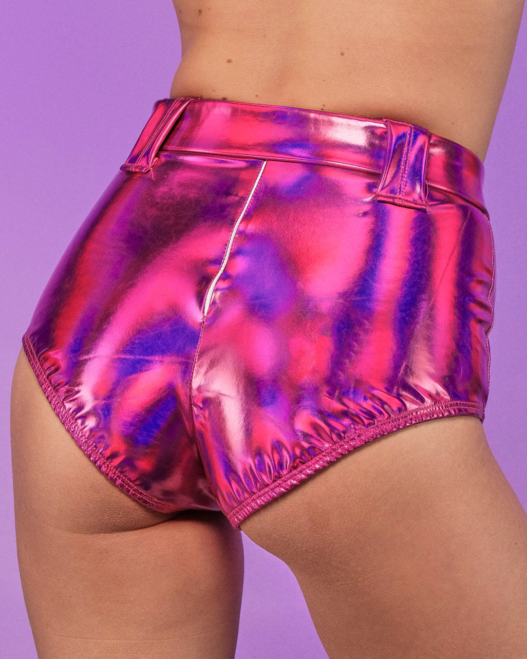 Hot Pink Holo Foil Belted Shorts