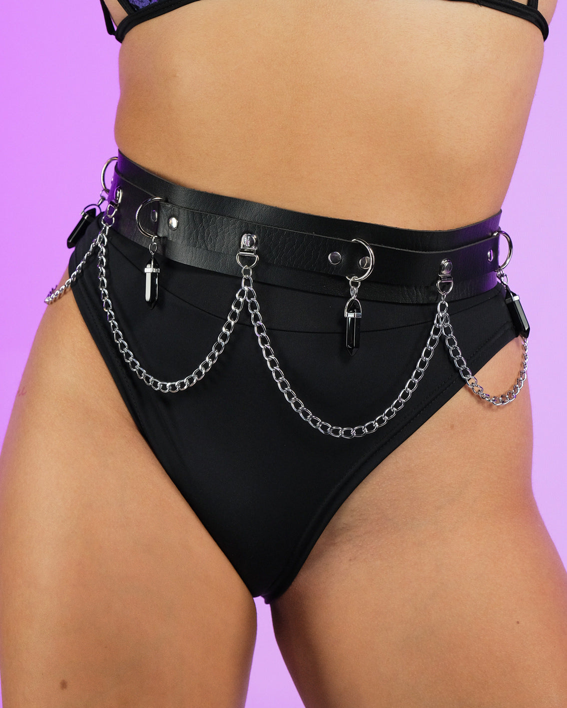 Black Crystal and Chain Faux Leather Belt