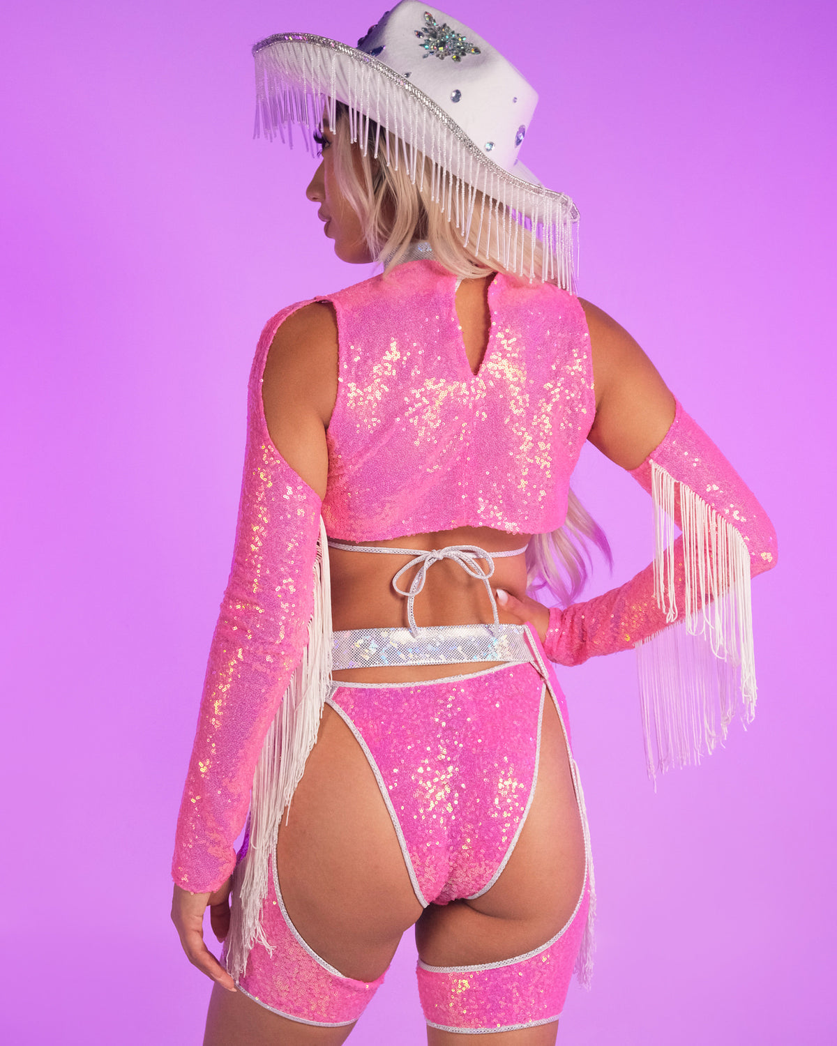 Astro Candy Pink Short Sequin Chaps with Fringe Detail