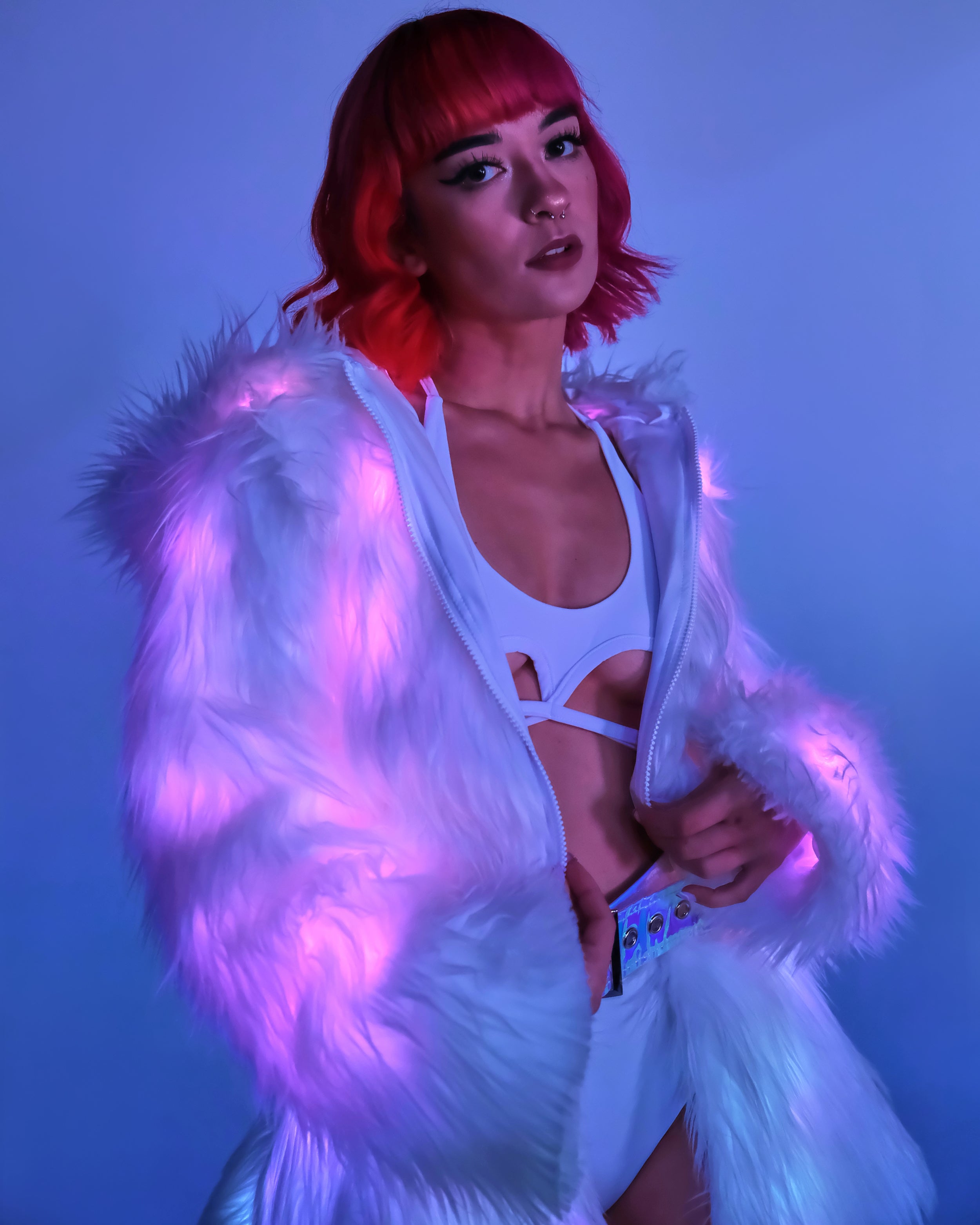 Pink LED White Furry Cropped Hooded Jacket - Rave Wonderland