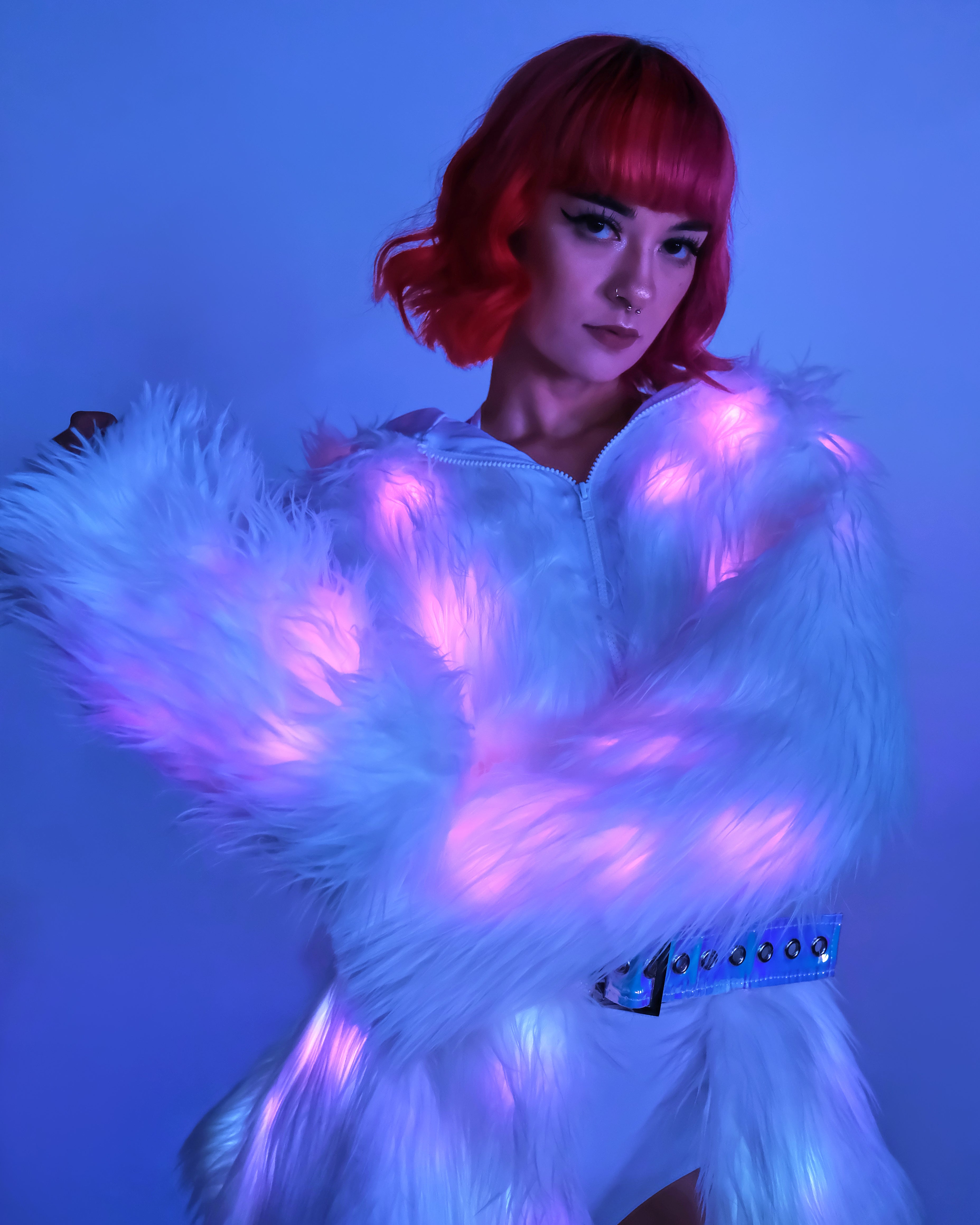 Pink LED White Furry Cropped Hooded Jacket - Rave Wonderland
