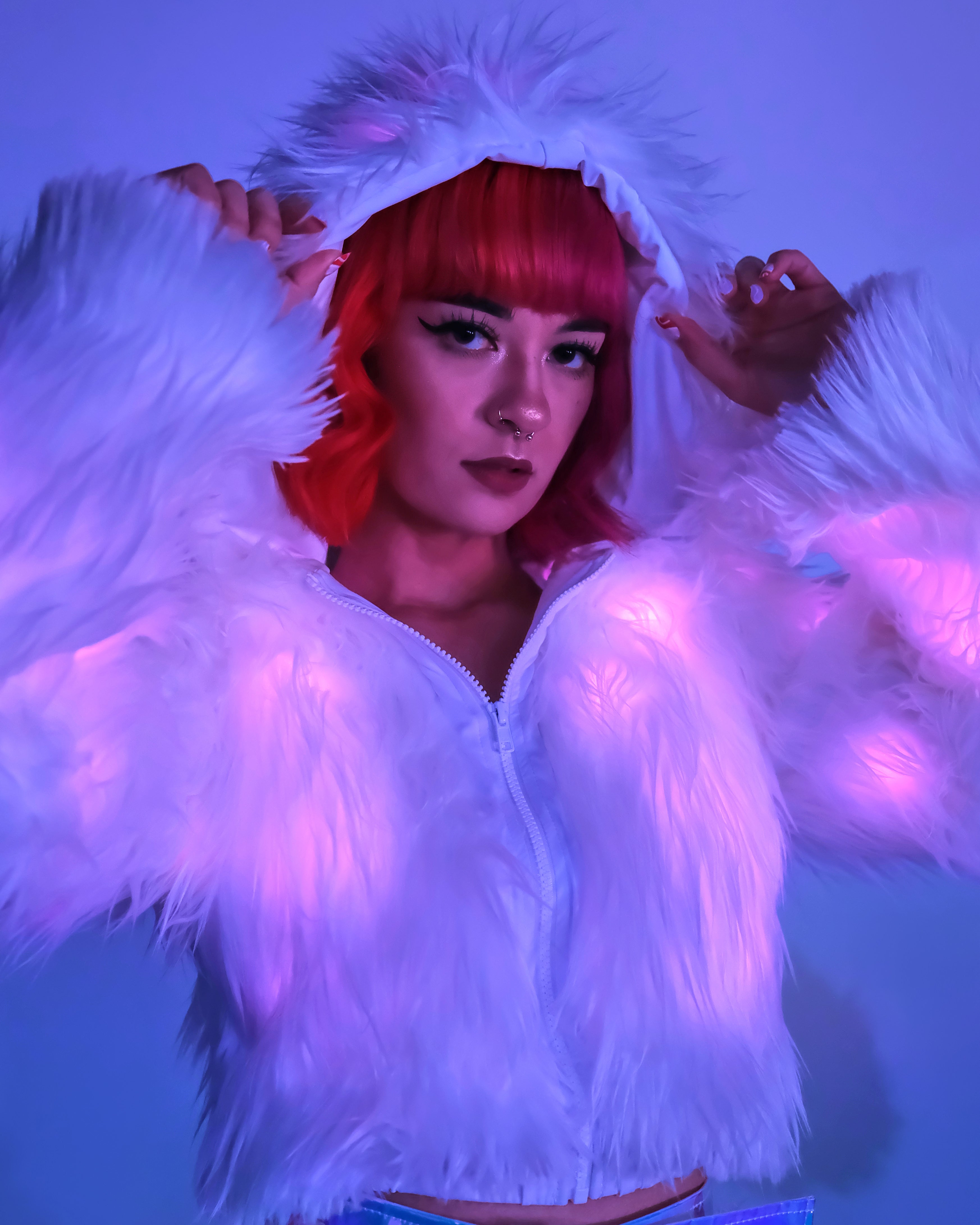 Pink LED White Furry Cropped Hooded Jacket - Rave Wonderland