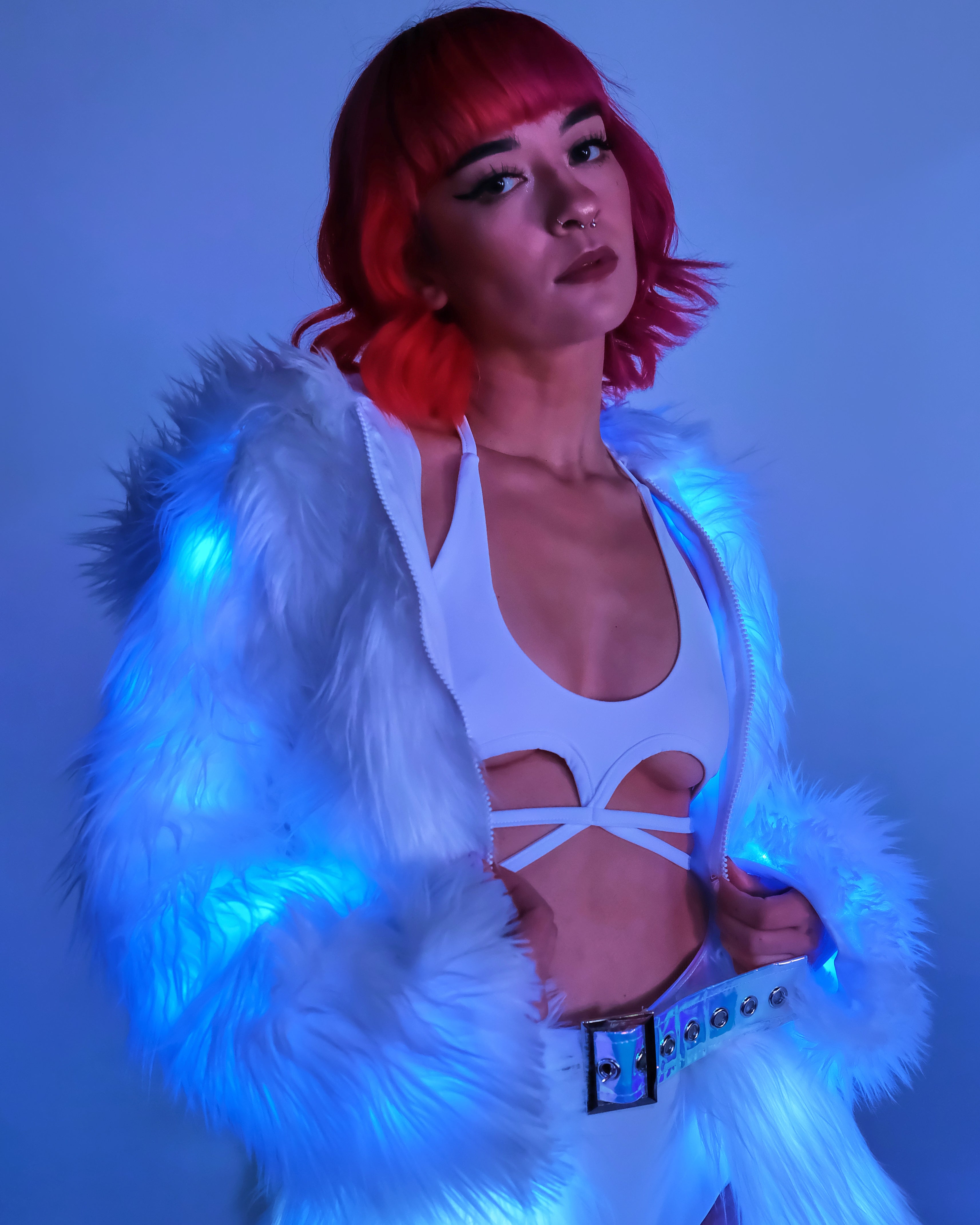 Blue LED White Furry Cropped Hooded Jacket - Rave Wonderland
