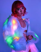 Multi-Color LED White Furry Cropped Hooded Jacket - Rave Wonderland