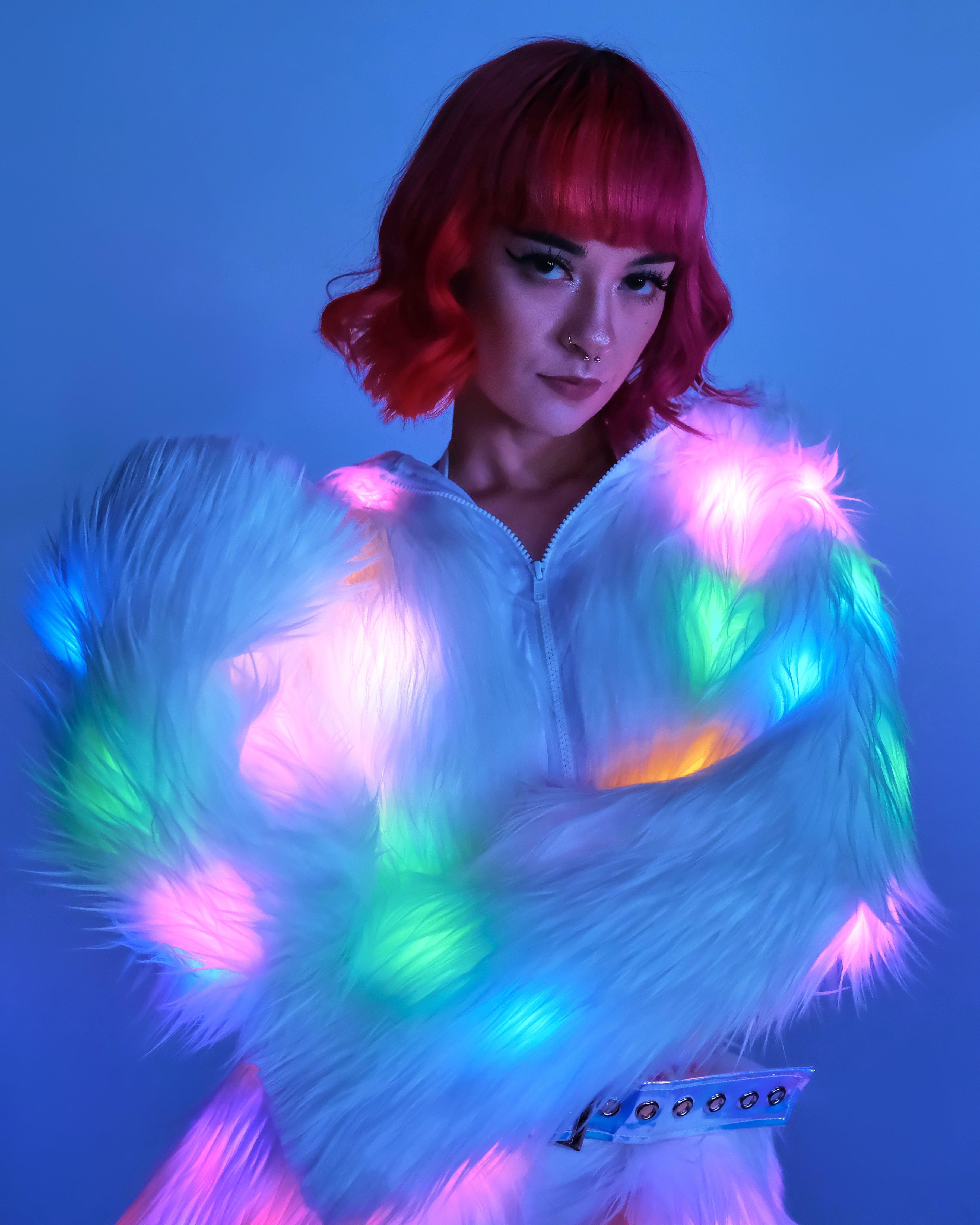Multi-Color LED White Furry Cropped Hooded Jacket - Rave Wonderland