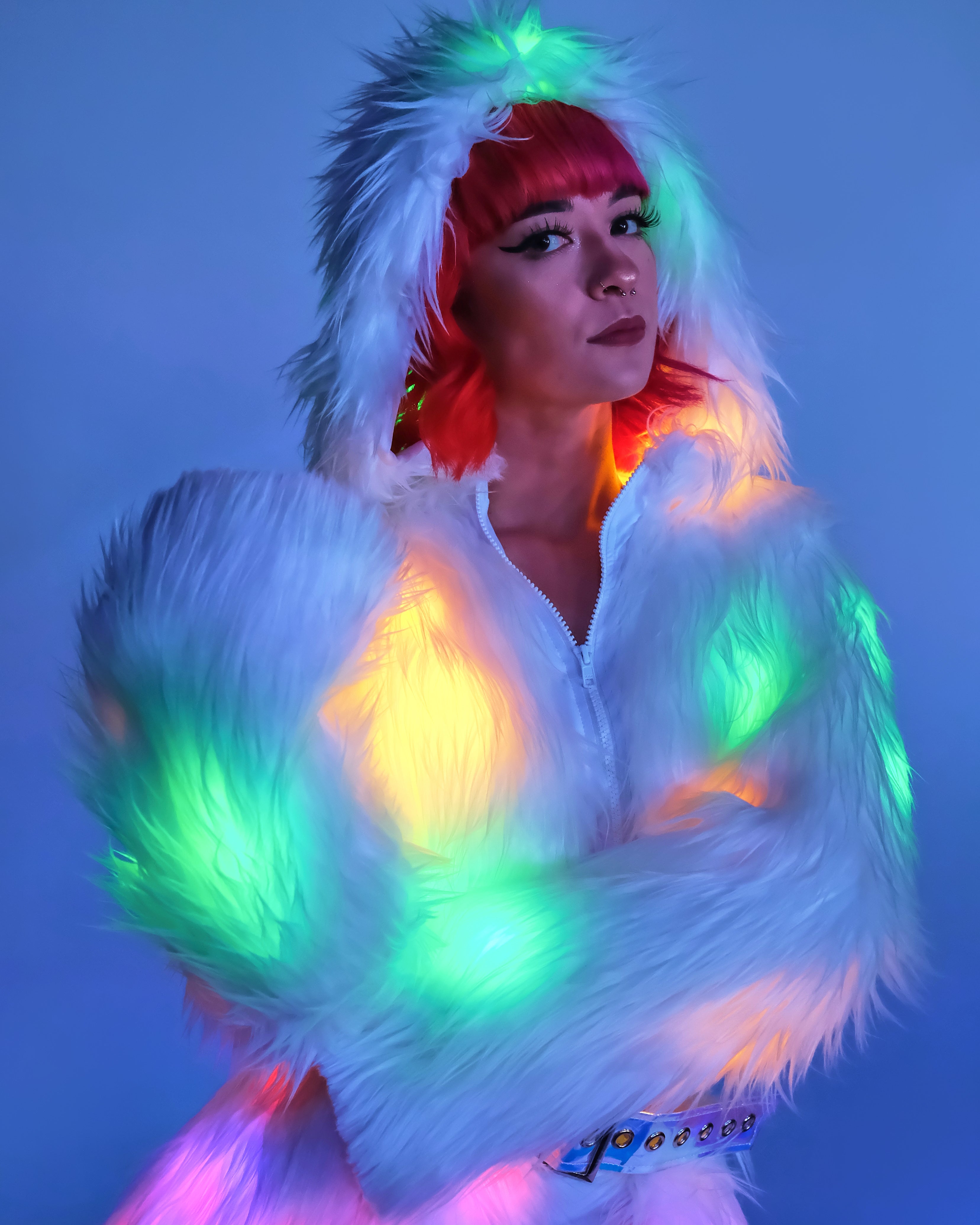 Multi-Color LED White Furry Cropped Hooded Jacket - Rave Wonderland