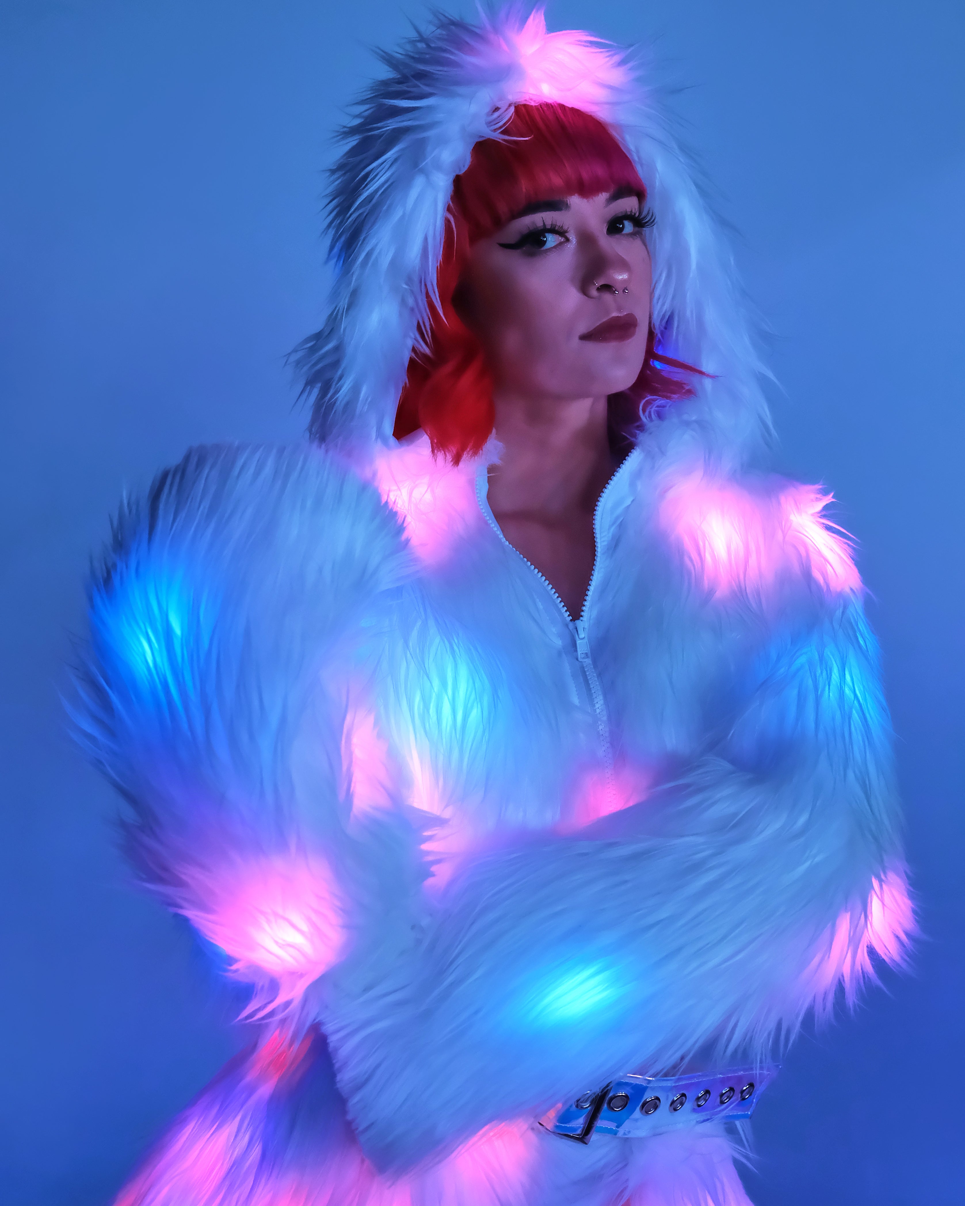Multi-Color LED White Furry Cropped Hooded Jacket - Rave Wonderland