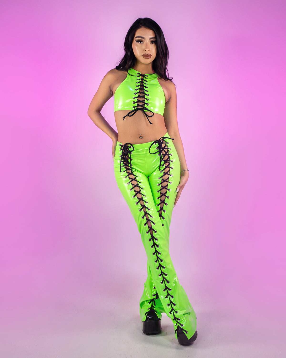 Bound To Me Neon Lime and Black Stretch PVC Lace-Up Flared Pant
