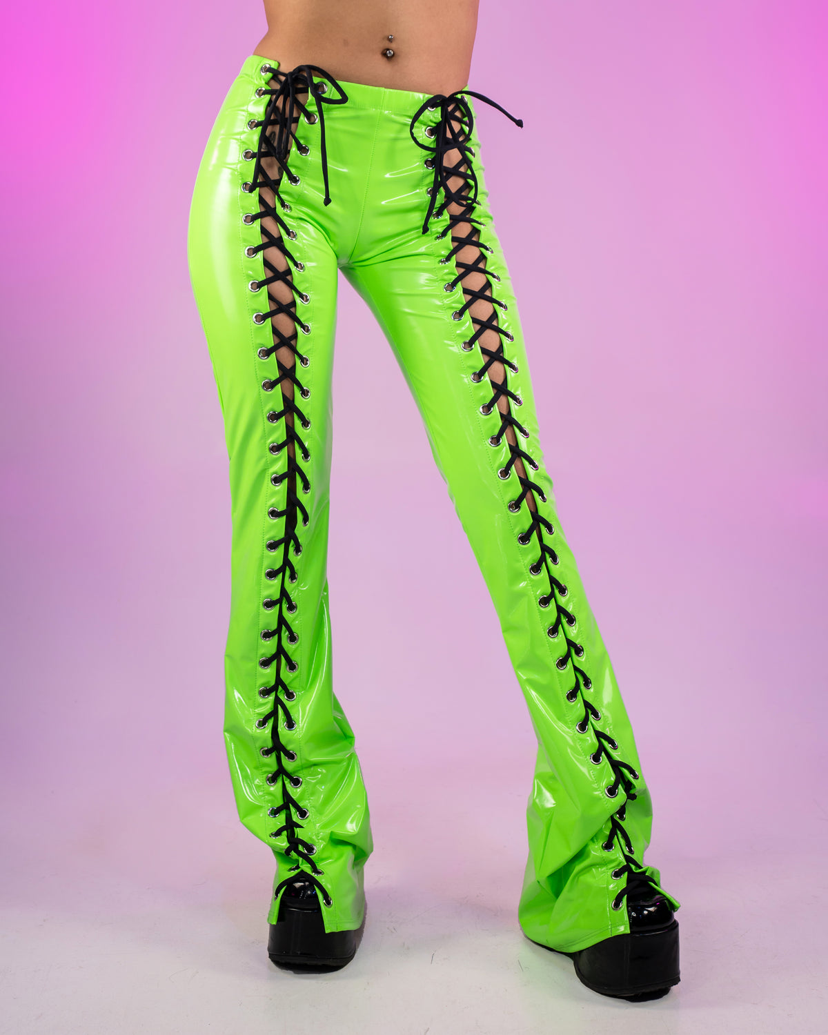 Bound To Me Neon Lime and Black Stretch PVC Lace-Up Flared Pant