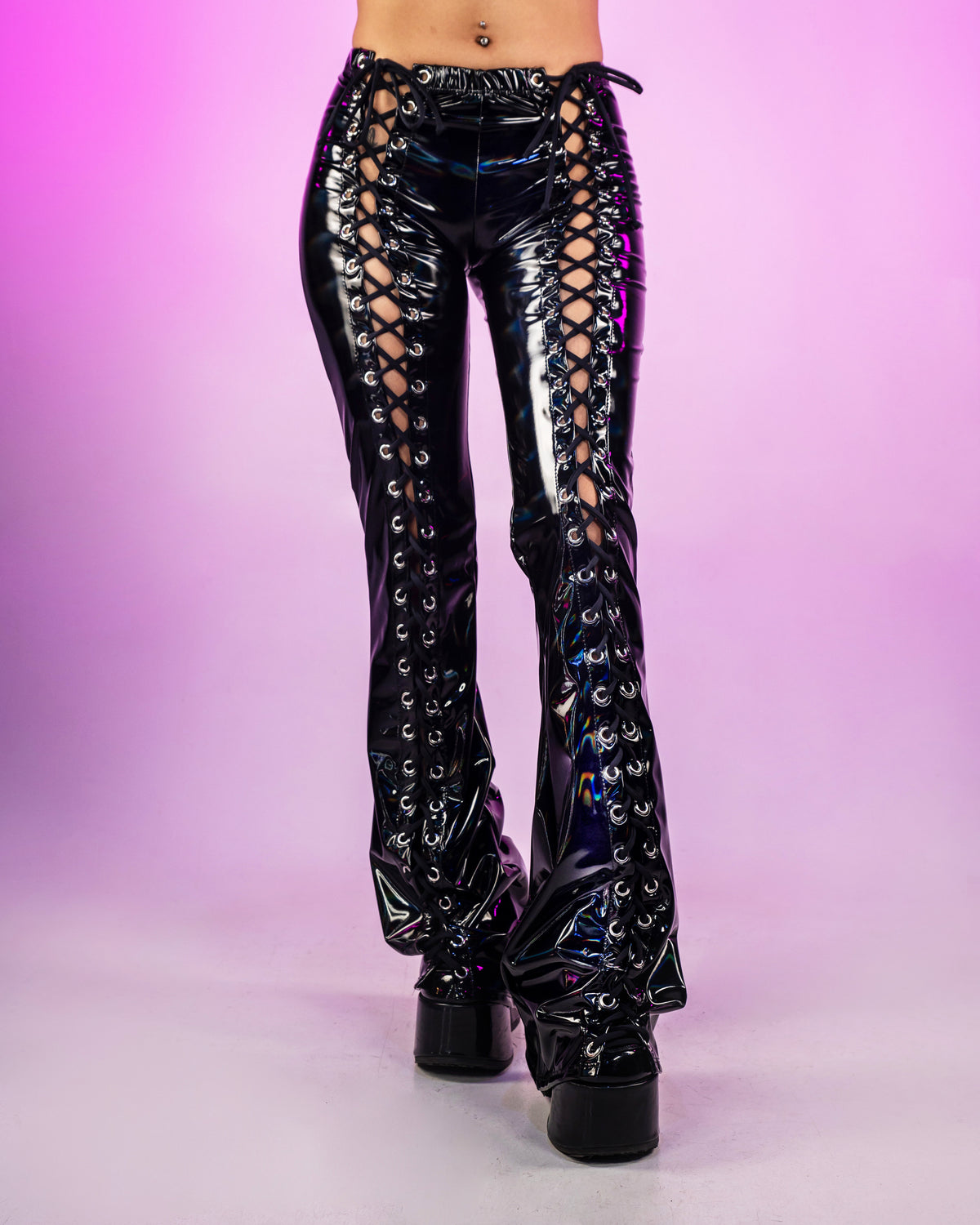 Bound To Me Black Laser Stretch PVC Lace-Up Flared Pant