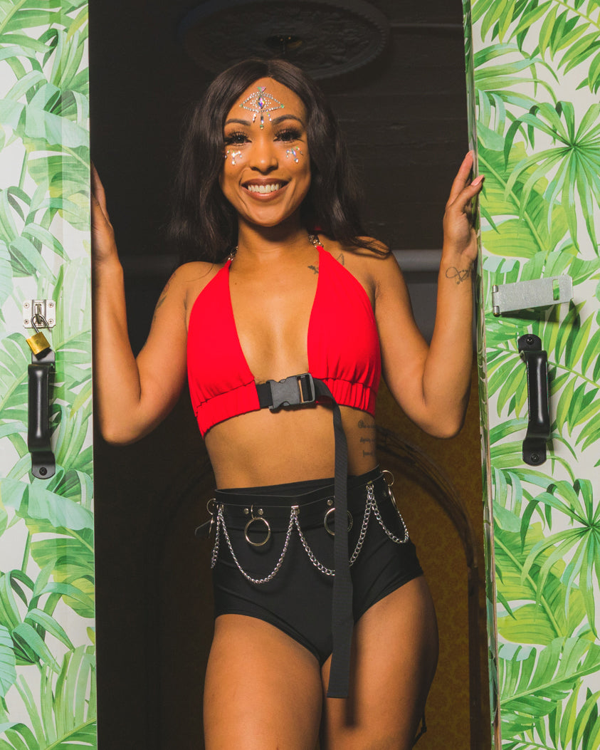 Red Click It or Ticket Buckle Top - Rave Wonderland