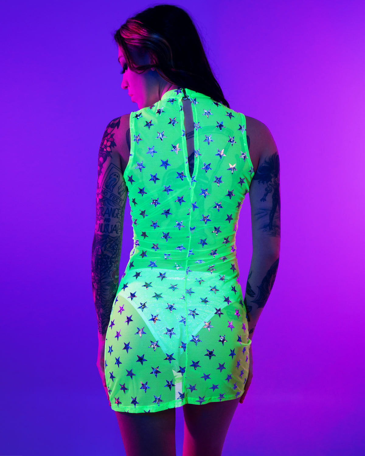 Neon Green Cosmic Stardust Cutout Dress