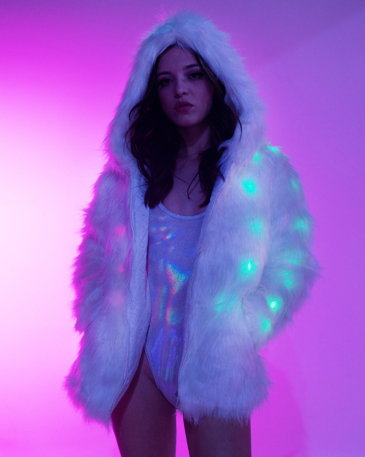 Purple Festival Fur Jacket Women's LED Vest Faux Fur Coat,Light Up