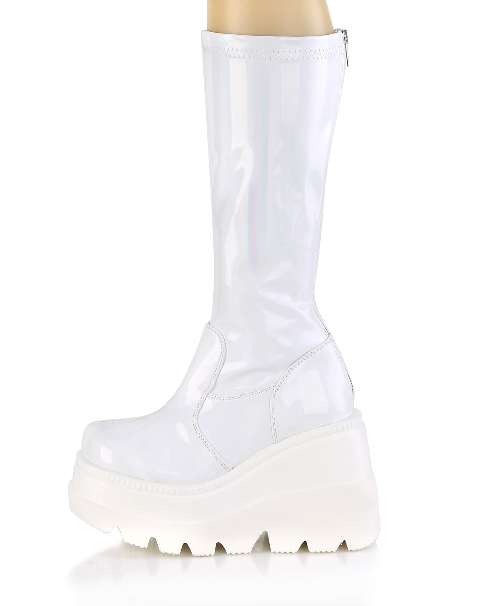 Demonia Shaker White Holo Knee High Boots