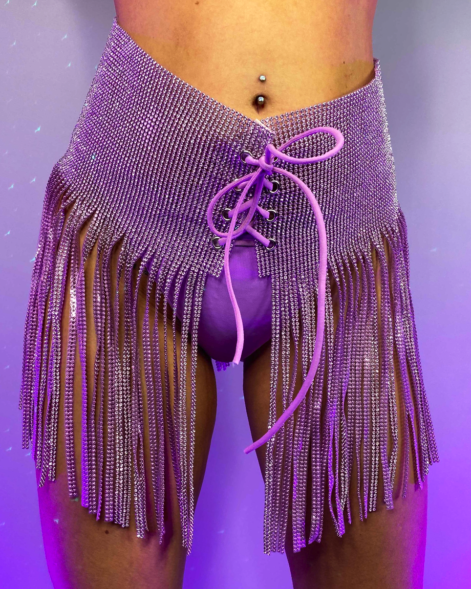 Lavender Rhinestone Fringe Front Wrap Skirt