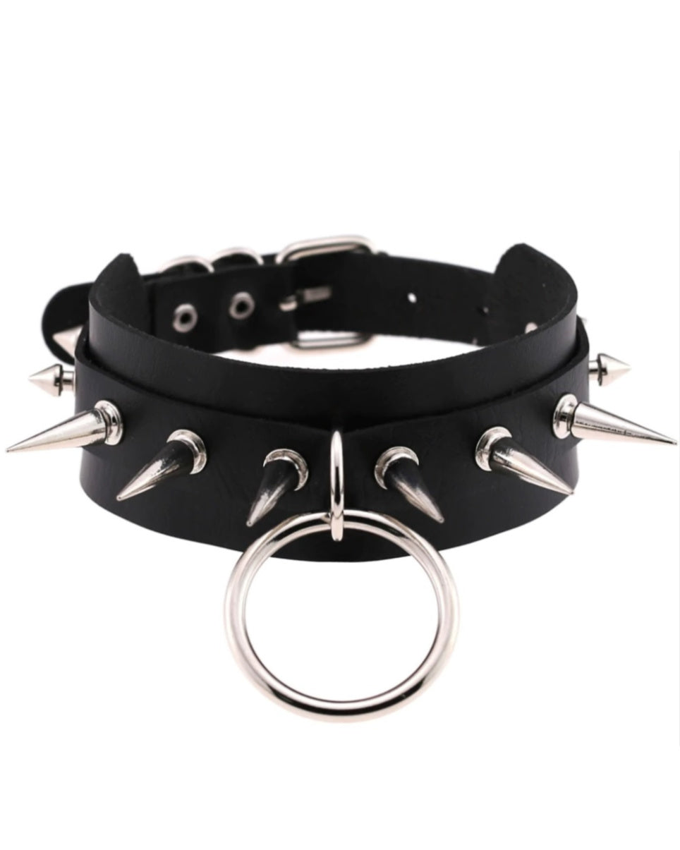 Spiked & Studded O-Ring Faux Leather Choker - Rave Wonderland