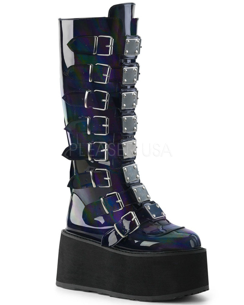 Black Holographic Buckled Knee High Platform Boots -  rave wear, rave outfits, edc, booty shorts